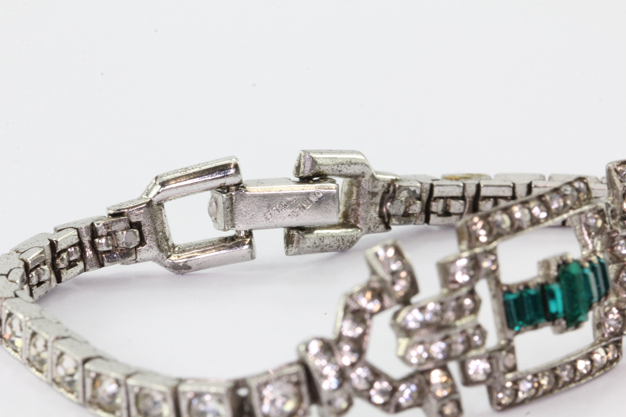 Art Deco Sterling Silver Green & White Paste Bracelet Circa 1930's - Queen May