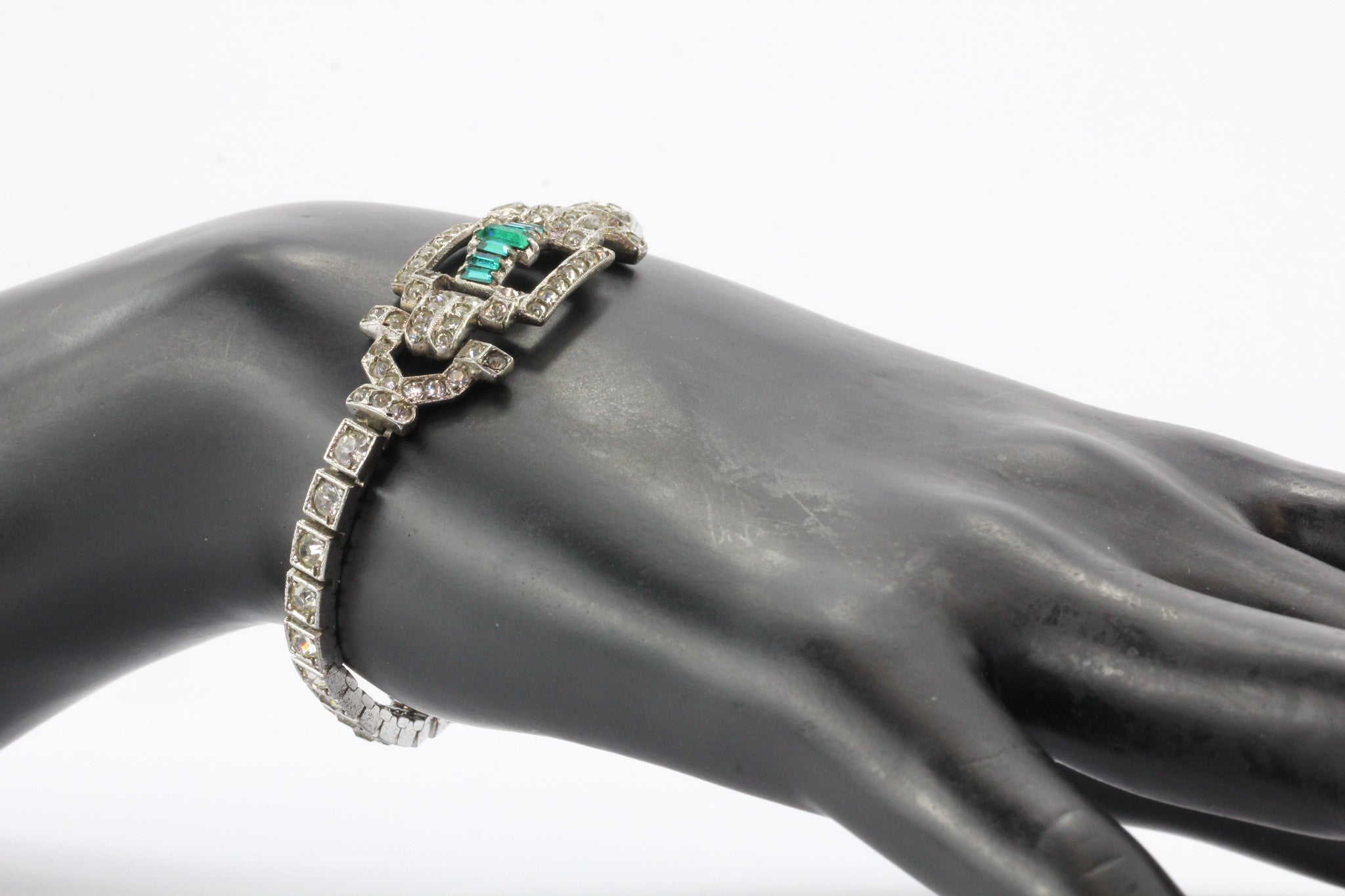 Art Deco Sterling Silver Green & White Paste Bracelet Circa 1930's - Queen May
