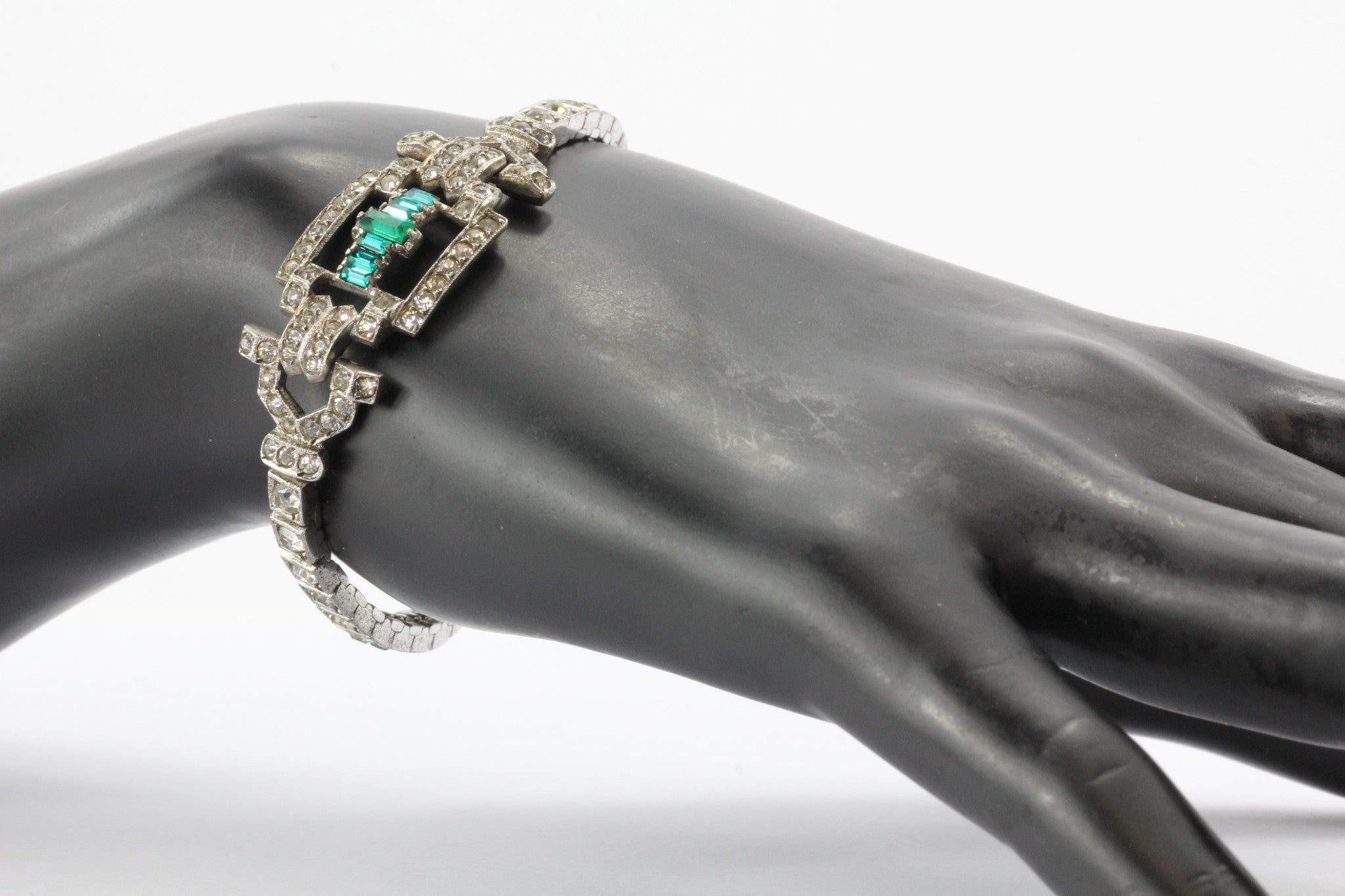 Art Deco Sterling Silver Green & White Paste Bracelet Circa 1930's - Queen May