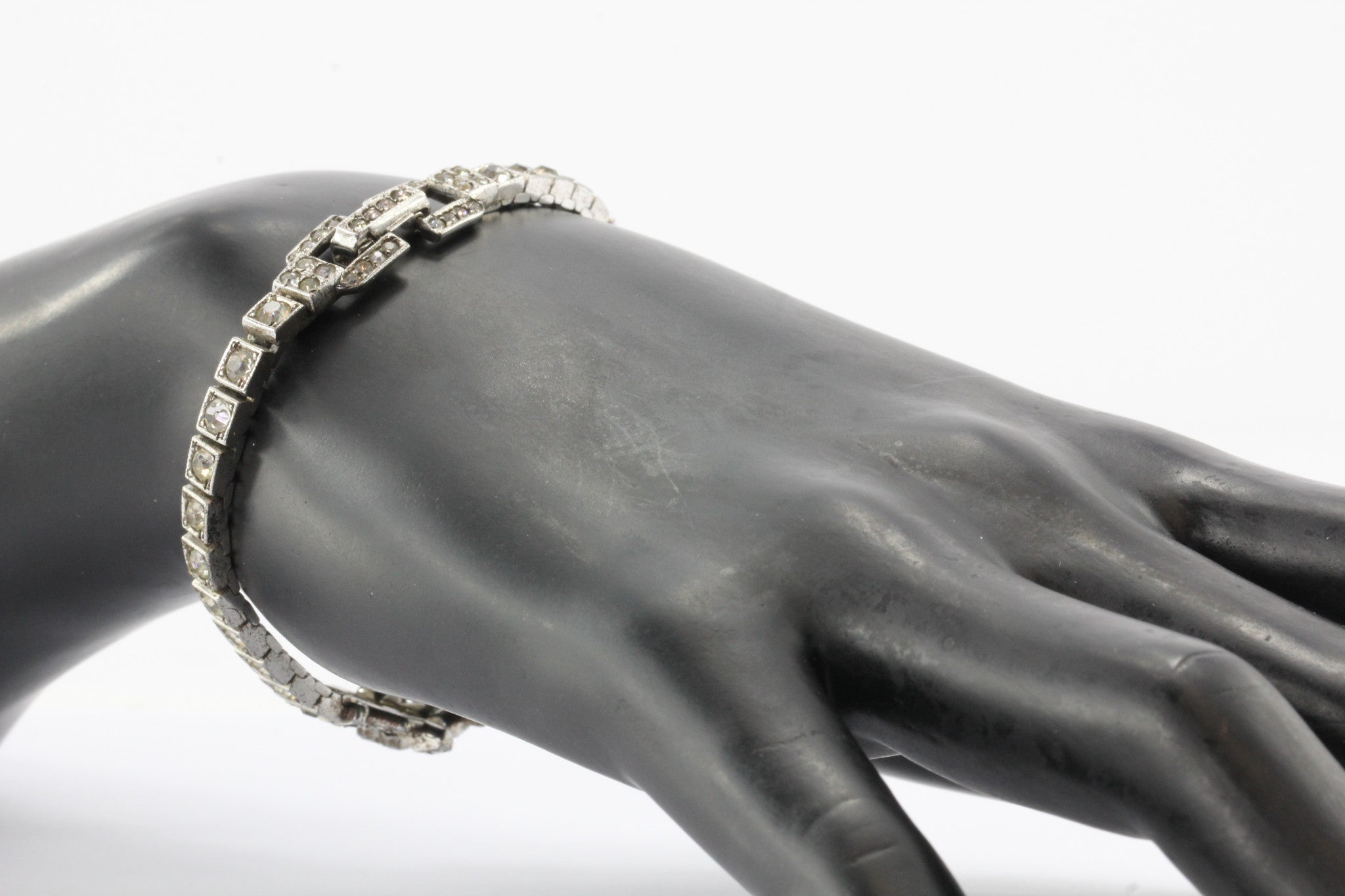 Art Deco Sterling Silver Green & White Paste Bracelet Circa 1930's - Queen May