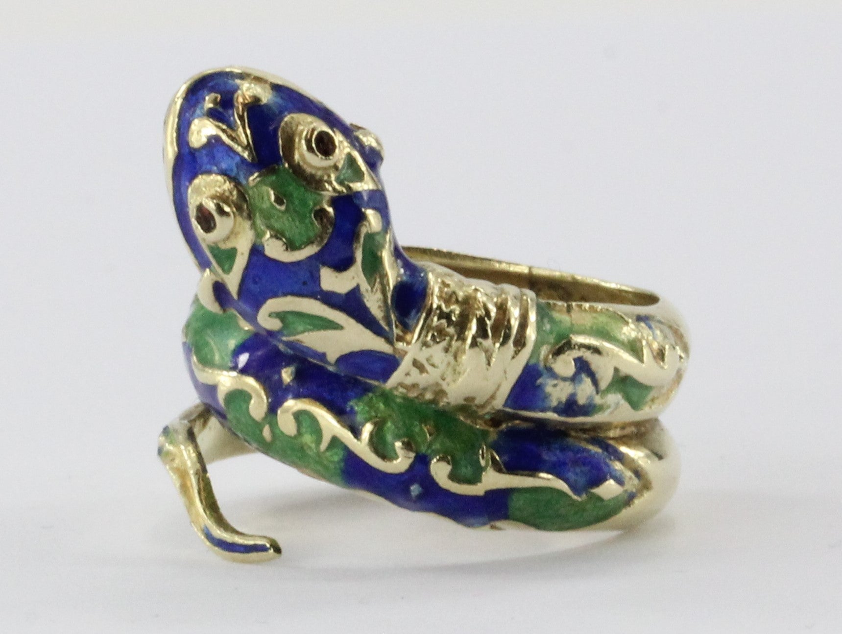 Vintage 14K Gold Blue & Green Enamel Coiled Snake Ring - Queen May