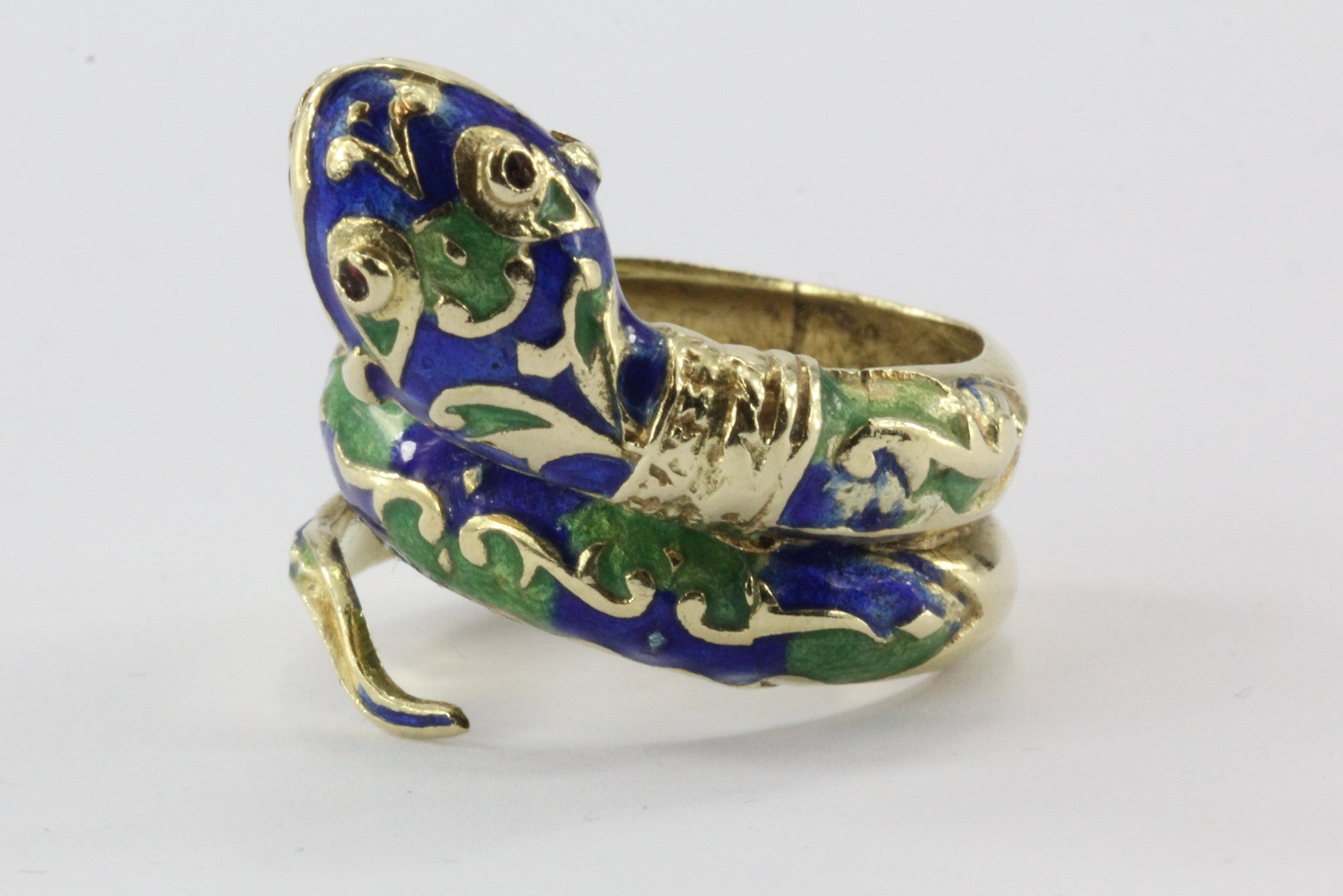 Vintage 14K Gold Blue & Green Enamel Coiled Snake Ring - Queen May