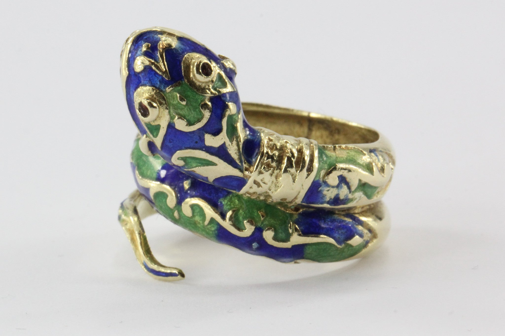Vintage 14K Gold Blue & Green Enamel Coiled Snake Ring - Queen May