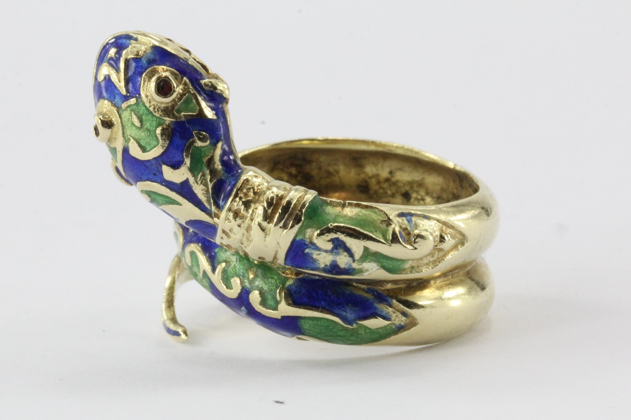 Vintage 14K Gold Blue & Green Enamel Coiled Snake Ring - Queen May