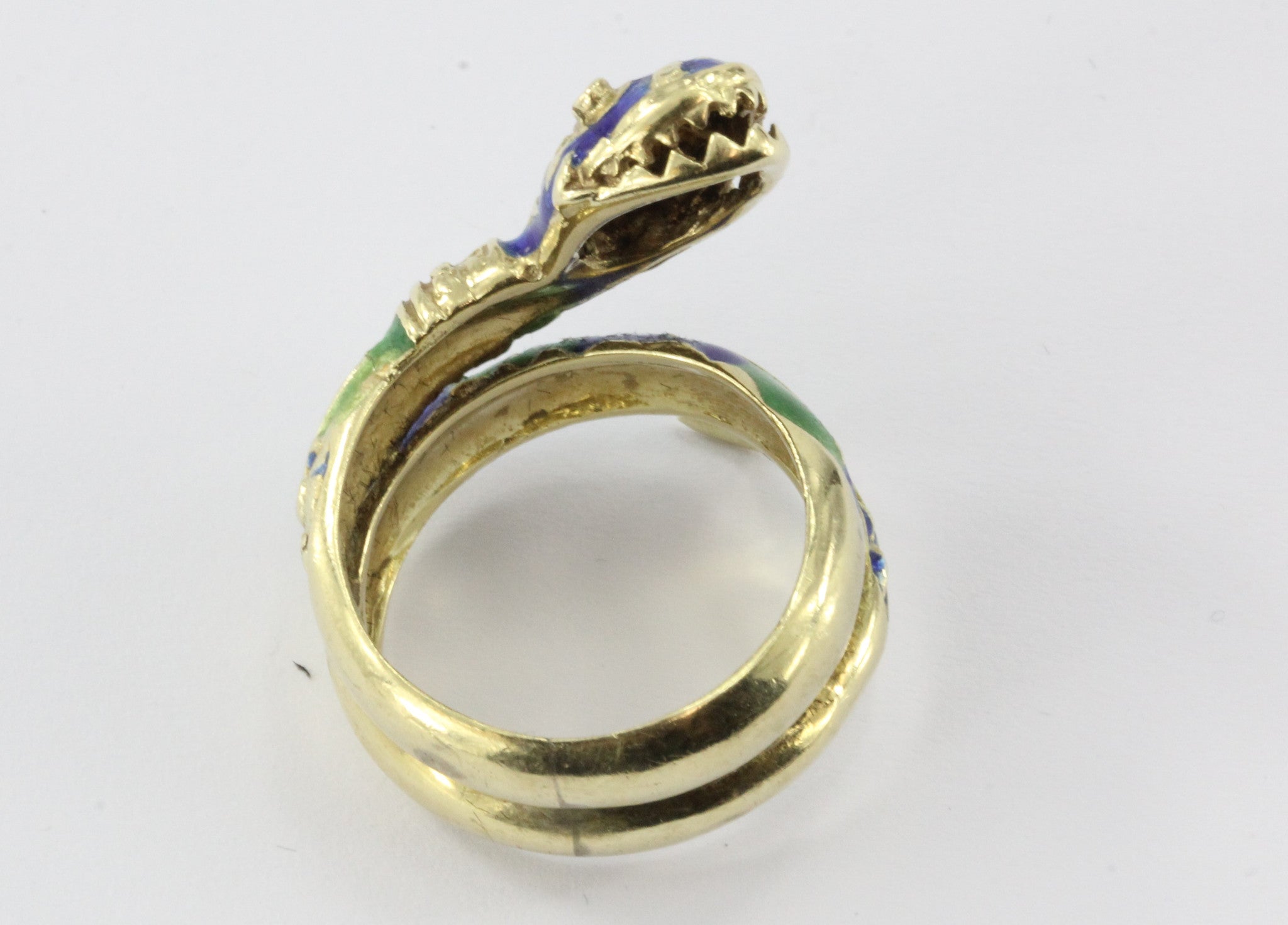 Vintage 14K Gold Blue & Green Enamel Coiled Snake Ring - Queen May
