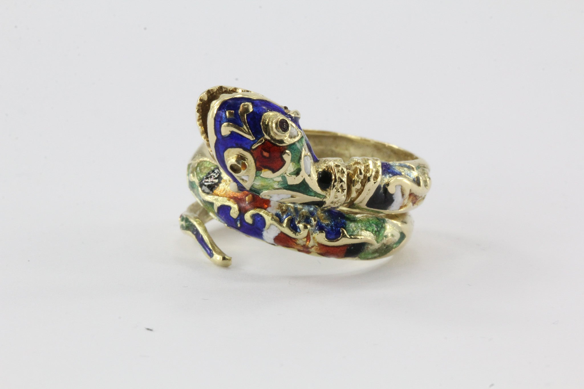 Vintage 14K Gold Blue Green Red White & Black Enamel Coiled Snake Ring - Queen May