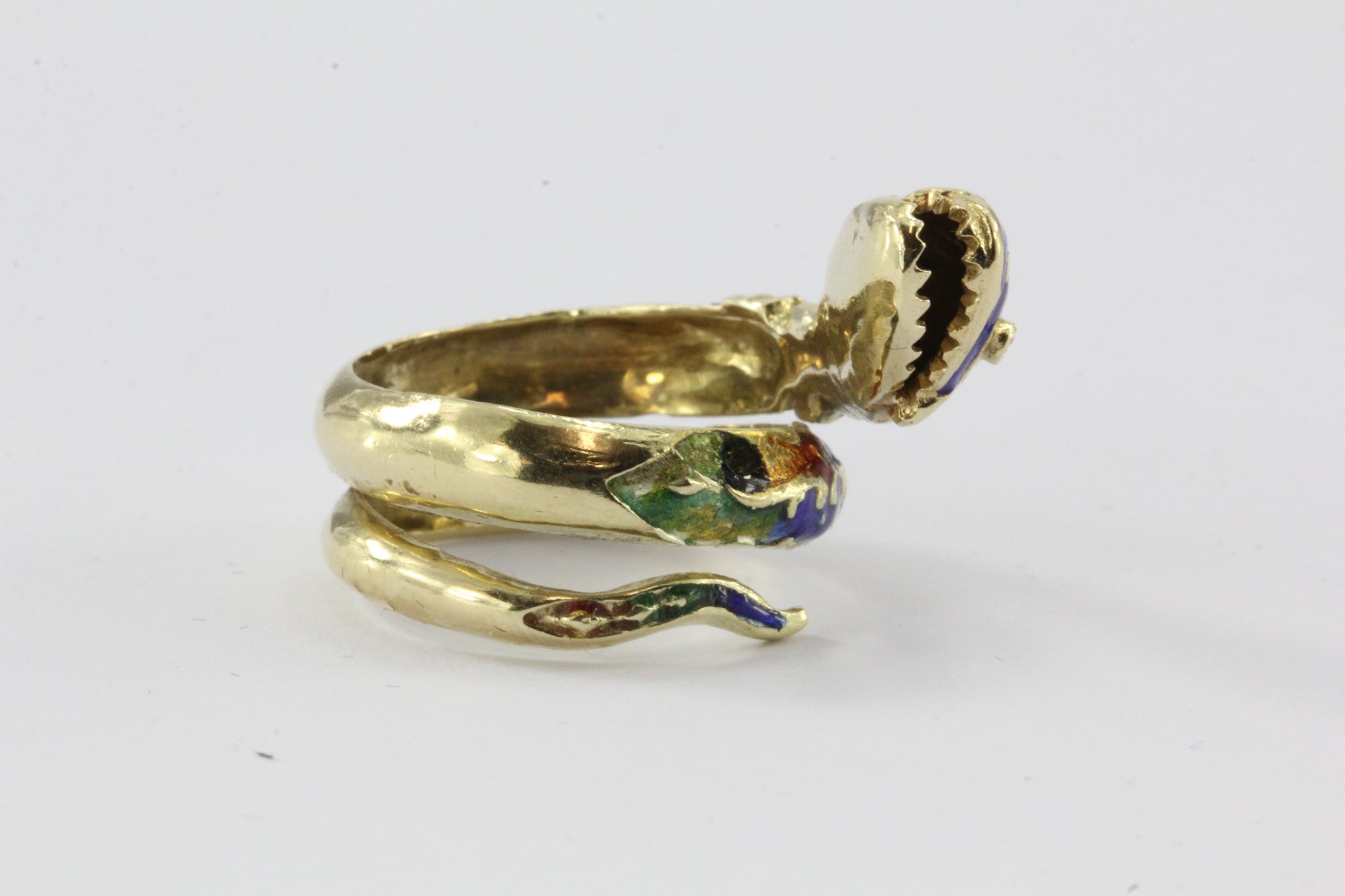 Vintage 14K Gold Blue Green Red White & Black Enamel Coiled Snake Ring - Queen May