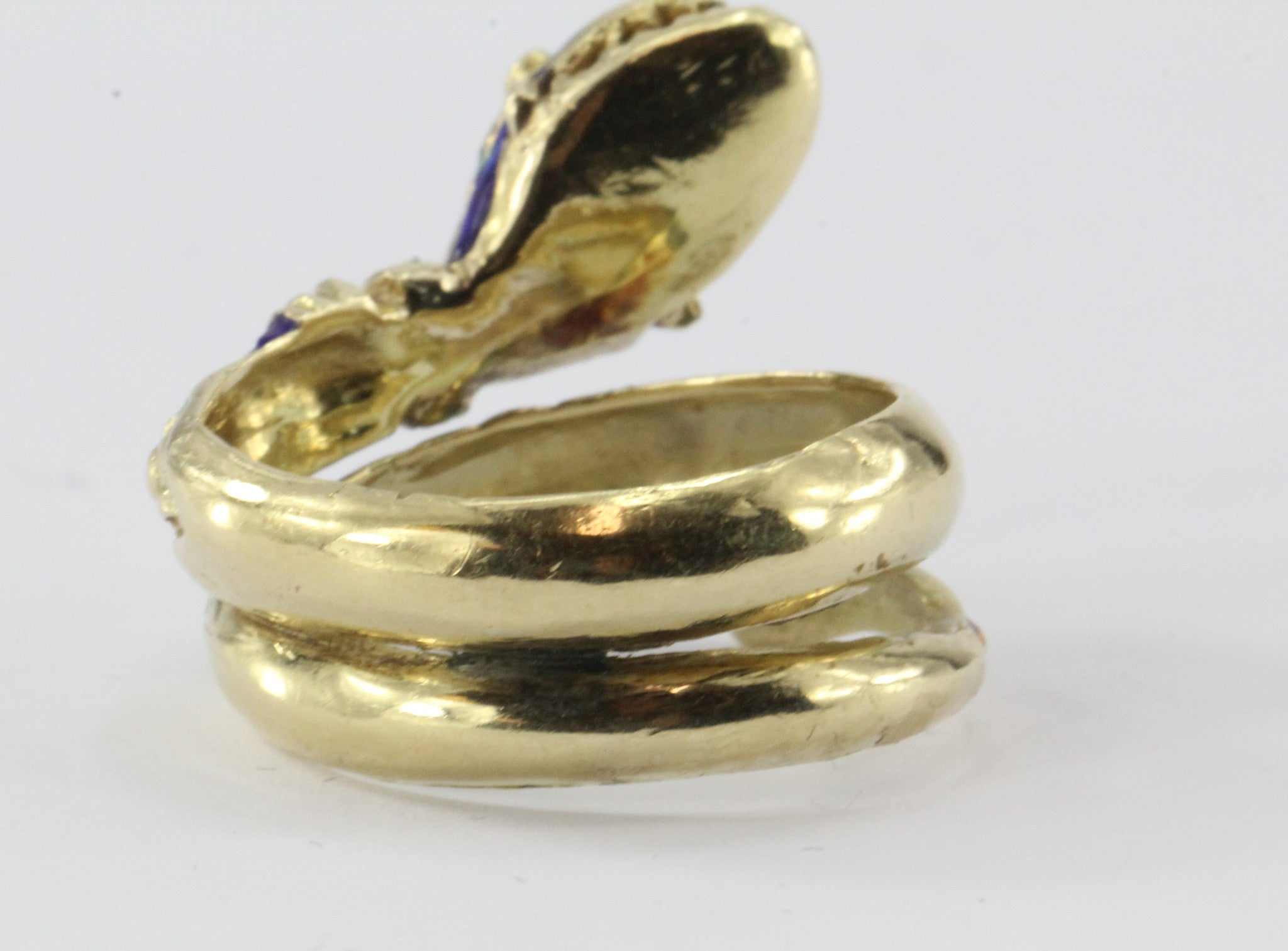 Vintage 14K Gold Blue Green Red White & Black Enamel Coiled Snake Ring - Queen May