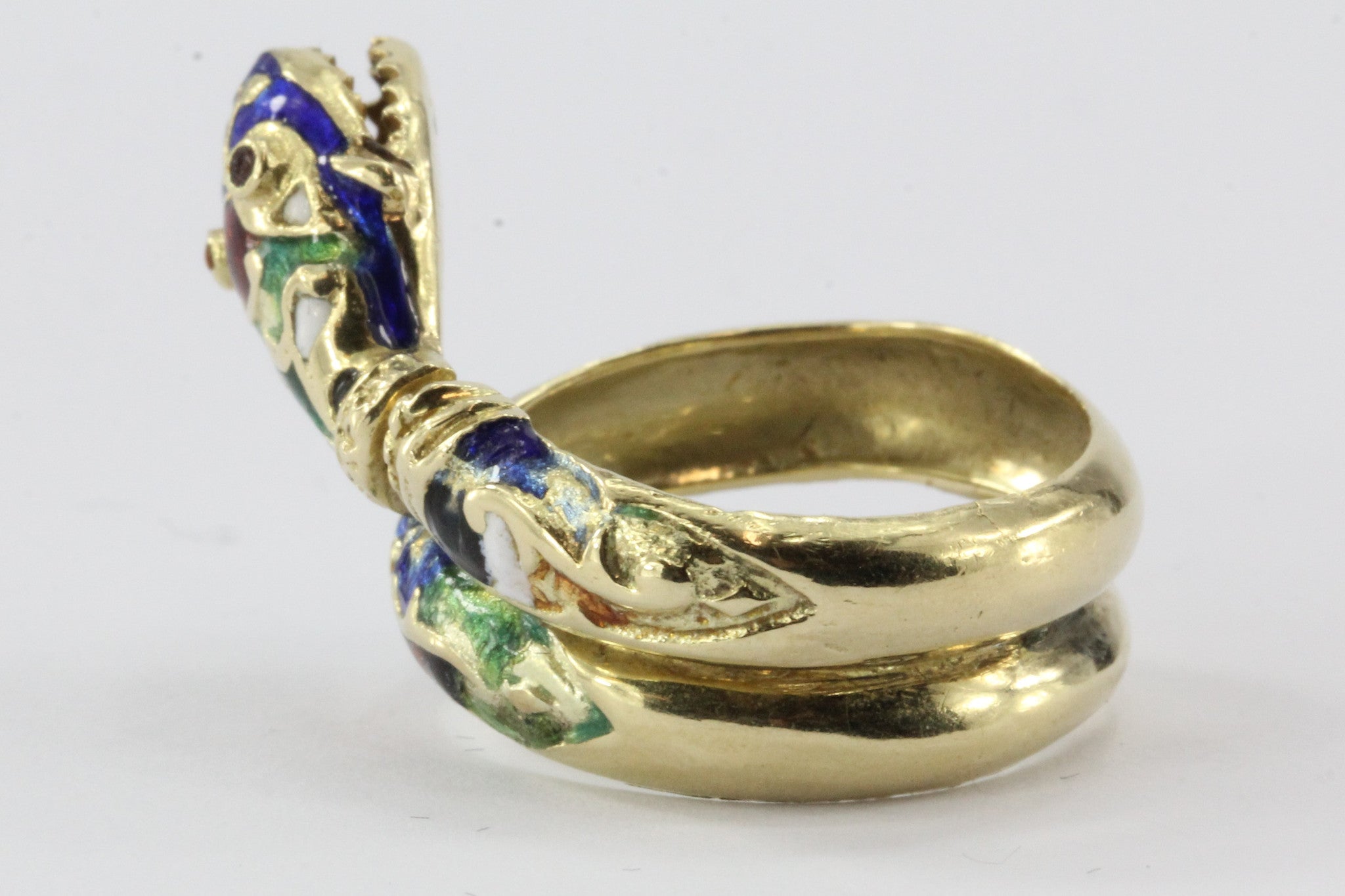 Vintage 14K Gold Blue Green Red White & Black Enamel Coiled Snake Ring - Queen May