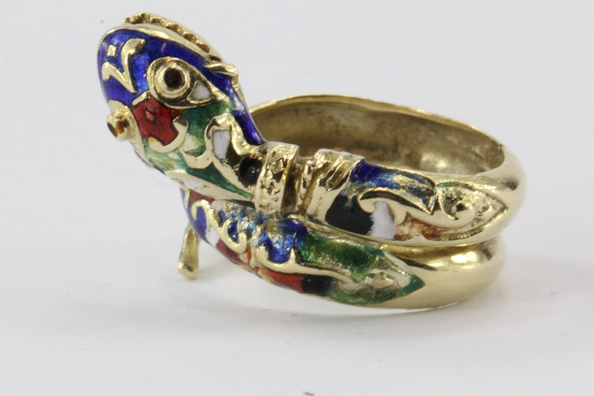 Vintage 14K Gold Blue Green Red White & Black Enamel Coiled Snake Ring - Queen May