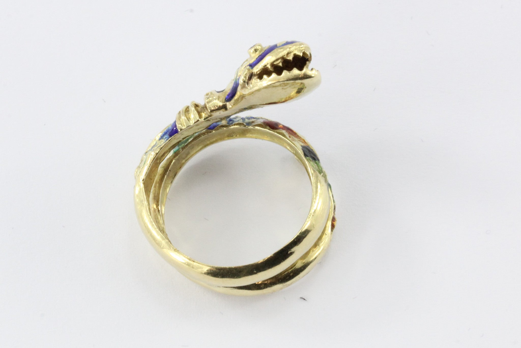 Vintage 14K Gold Blue Green Red White & Black Enamel Coiled Snake Ring - Queen May