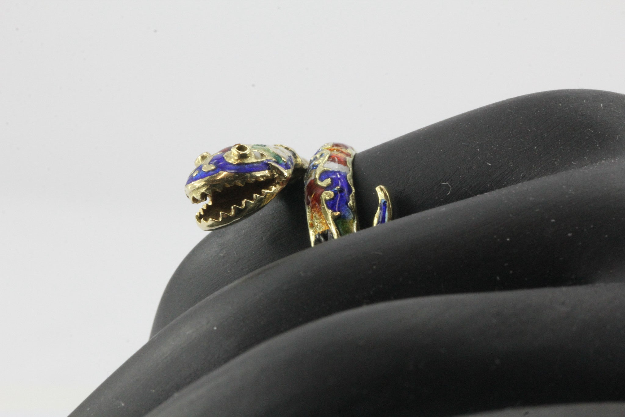 Vintage 14K Gold Blue Green Red White & Black Enamel Coiled Snake Ring - Queen May
