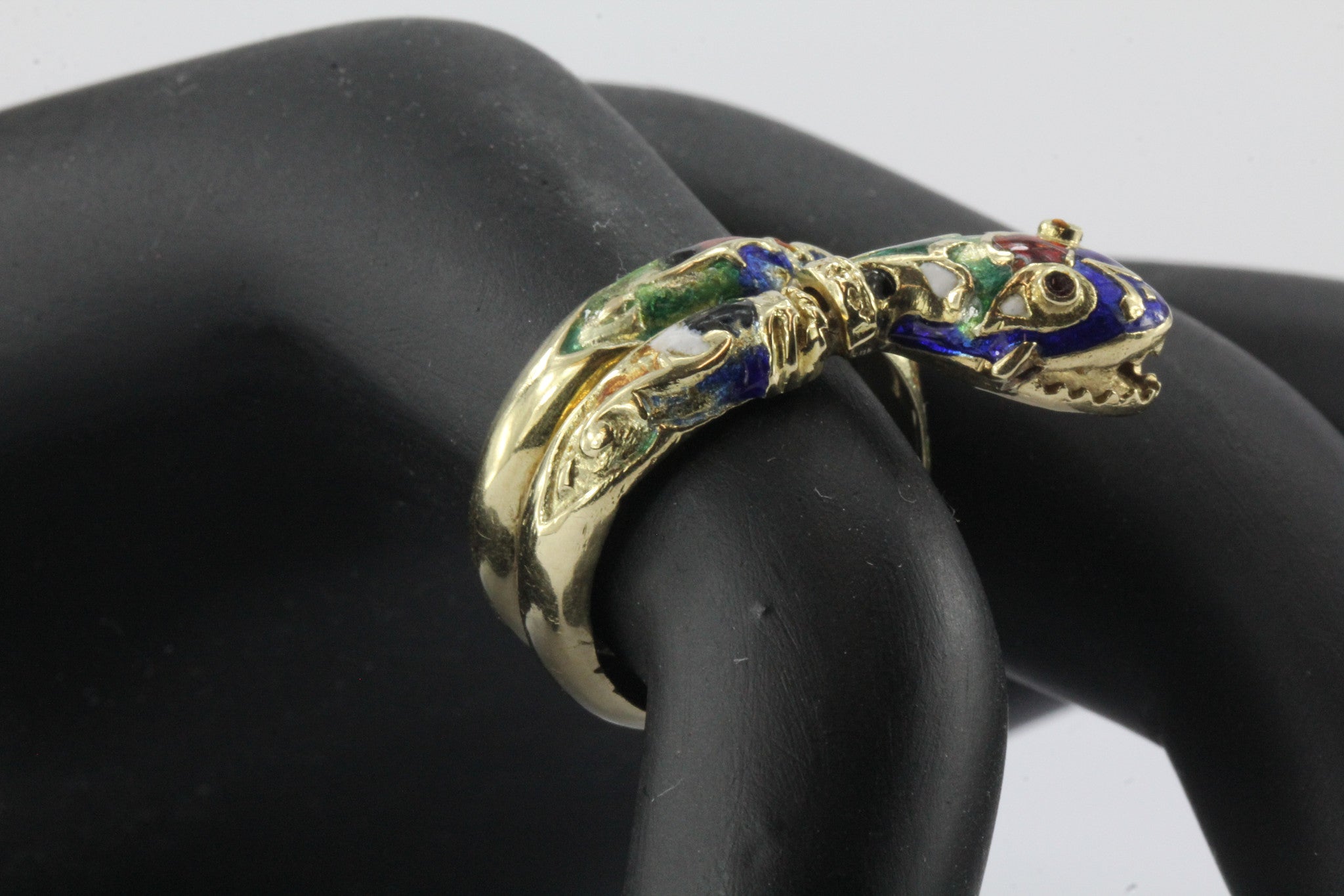 Vintage 14K Gold Blue Green Red White & Black Enamel Coiled Snake Ring - Queen May