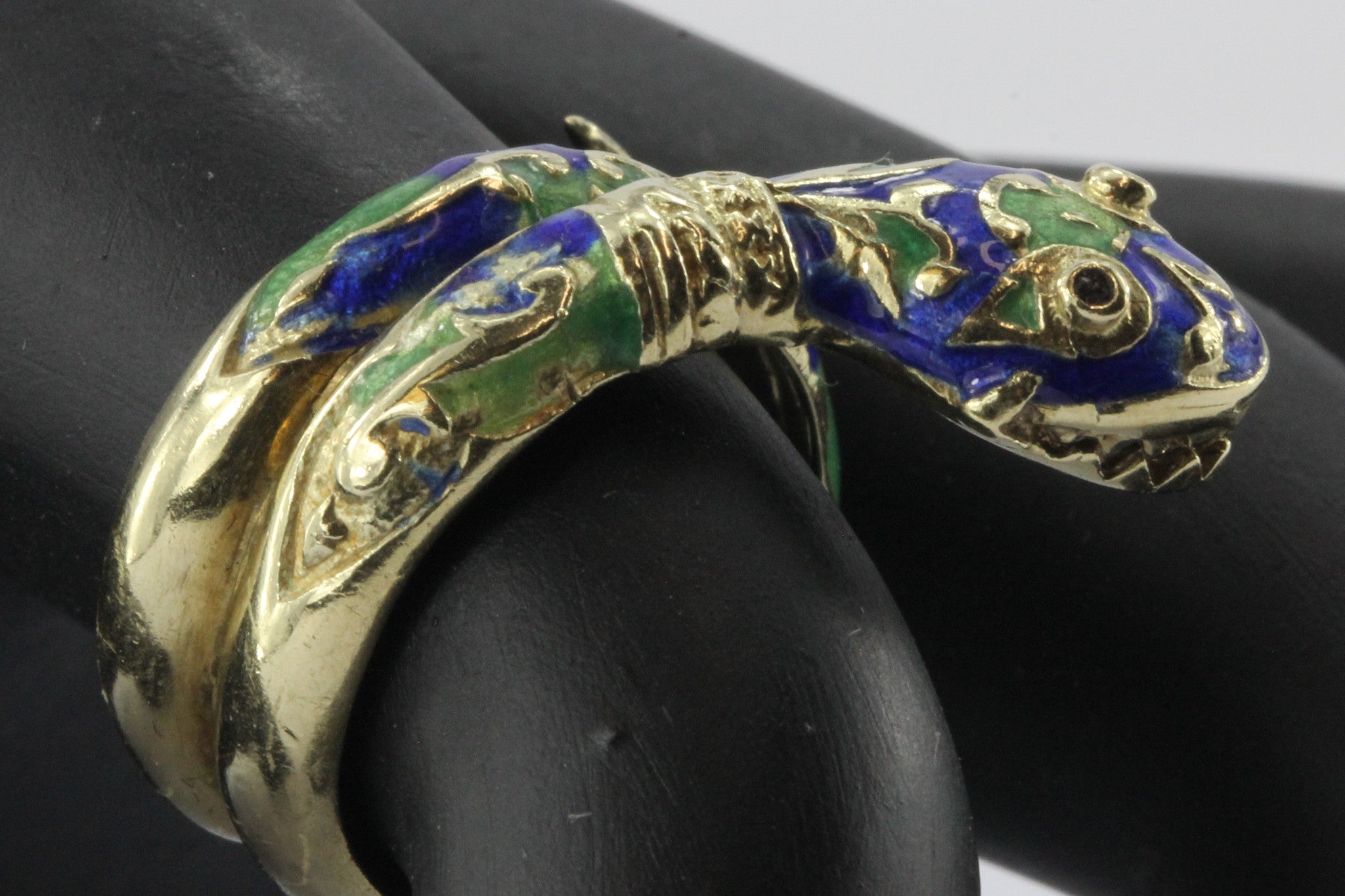 Vintage 14K Gold Blue & Green Enamel Coiled Snake Ring - Queen May