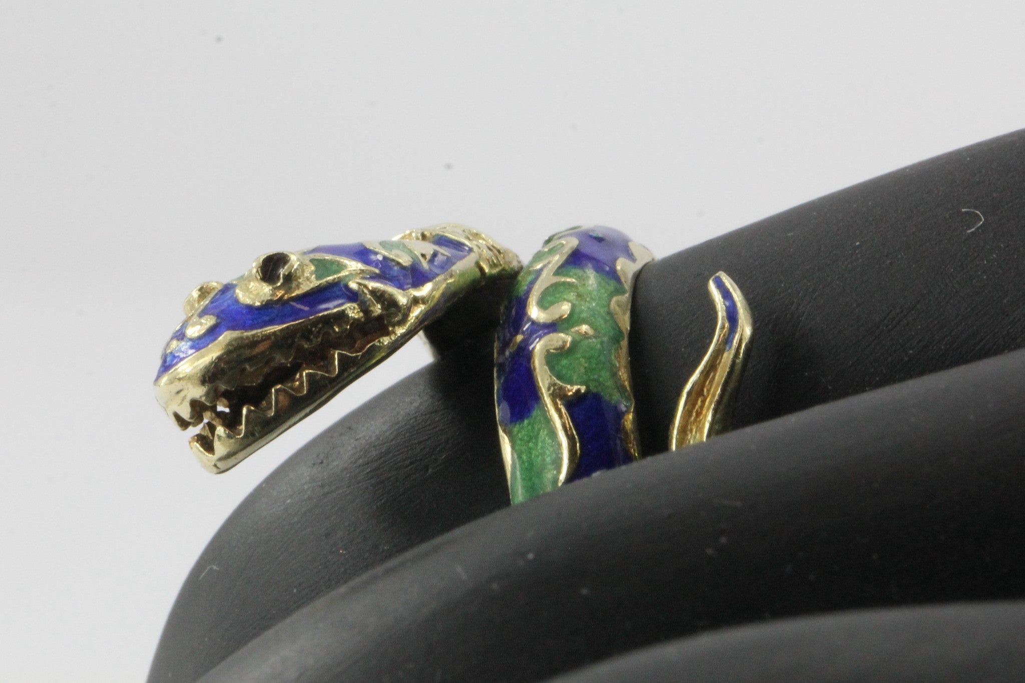 Vintage 14K Gold Blue & Green Enamel Coiled Snake Ring - Queen May