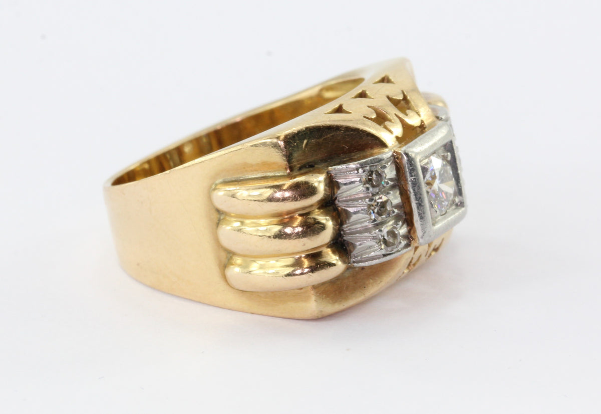 18K Gold Transition Cut Diamond in Platinum French Art Deco Tank Ring - Queen May