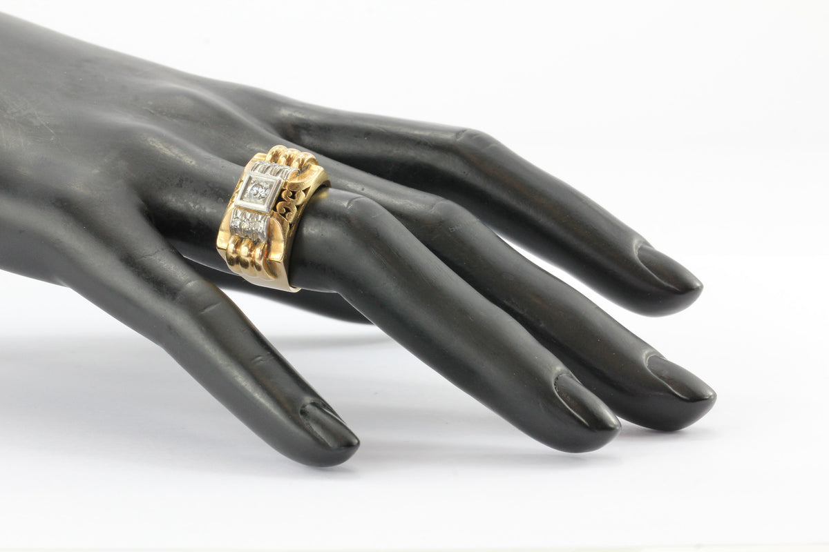 18K Gold Transition Cut Diamond in Platinum French Art Deco Tank Ring - Queen May
