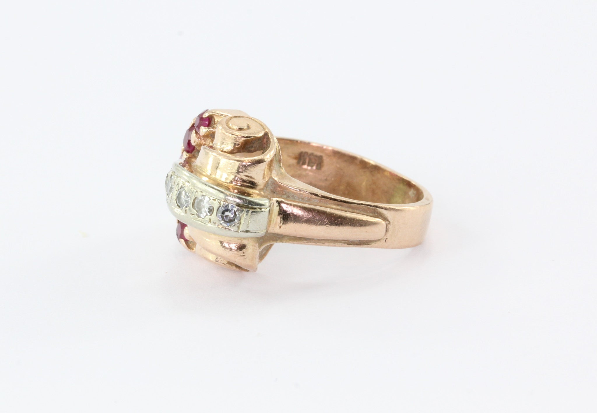 Retro Moderne 14K Rose Gold Diamond & Ruby Ring Circa 1930's - Queen May