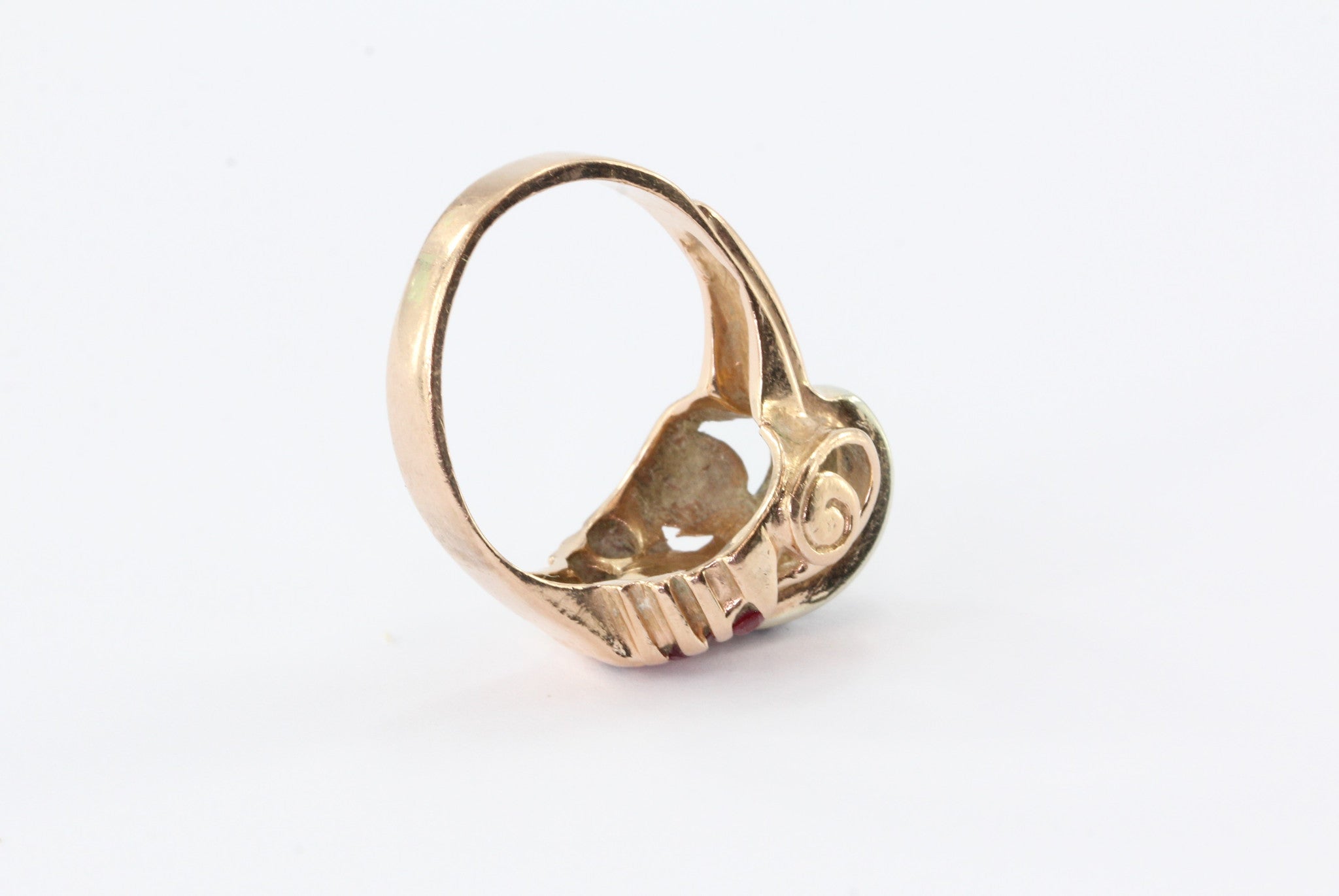 Retro Moderne 14K Rose Gold Diamond & Ruby Ring Circa 1930's - Queen May