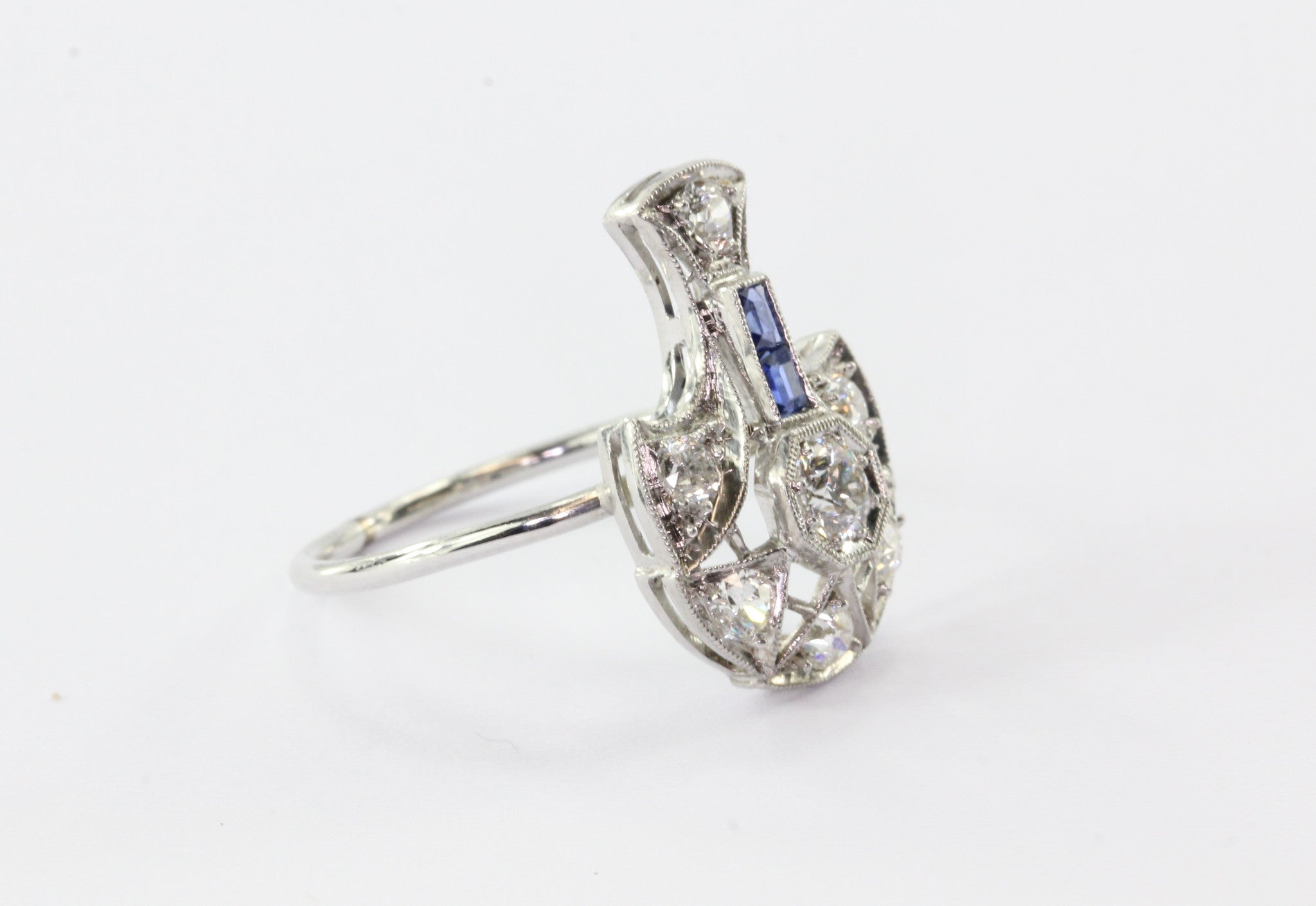 Art Deco Platinum, Old European Diamond Sapphire Conversion Ring - Queen May