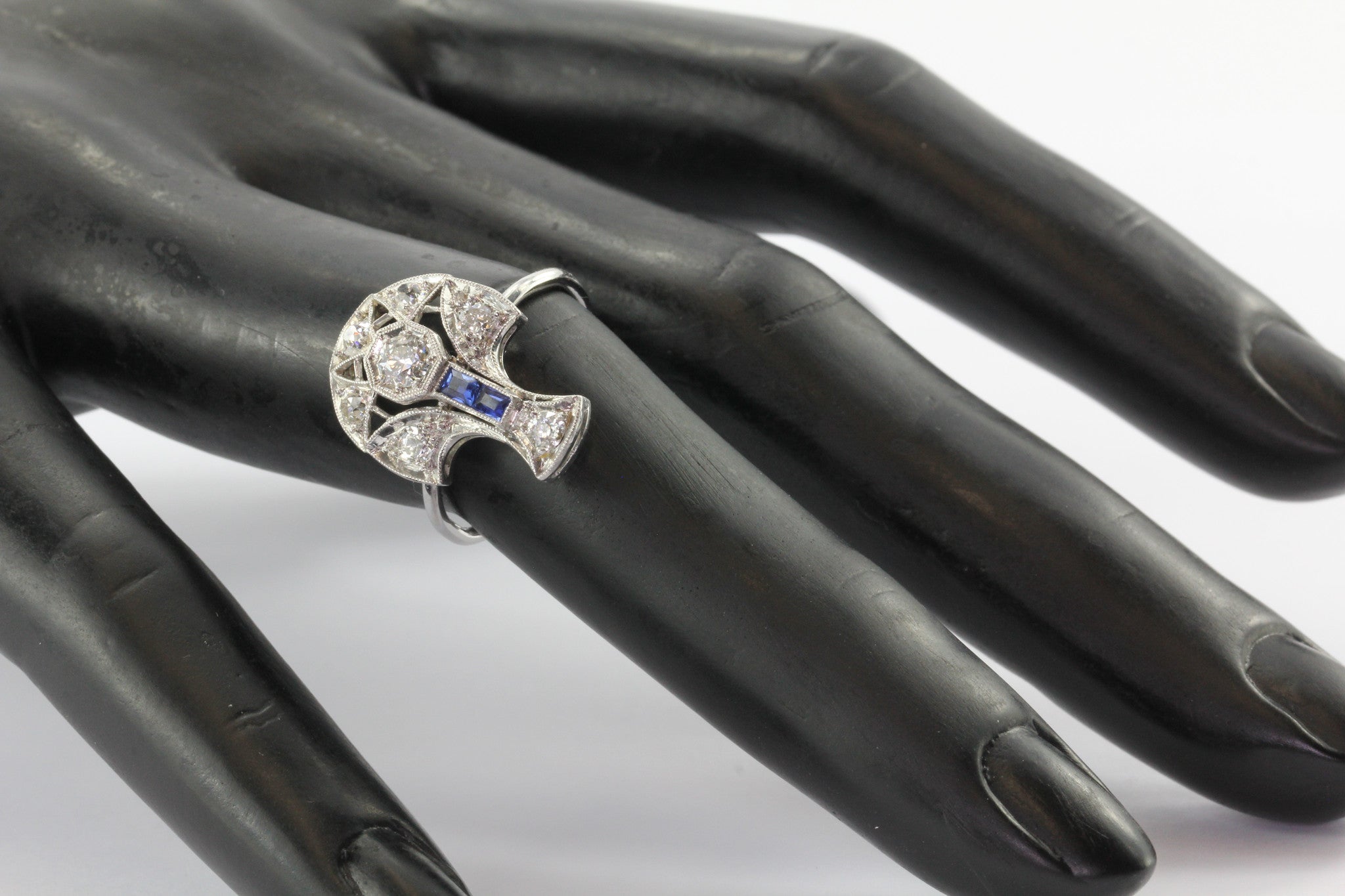 Art Deco Platinum, Old European Diamond Sapphire Conversion Ring - Queen May