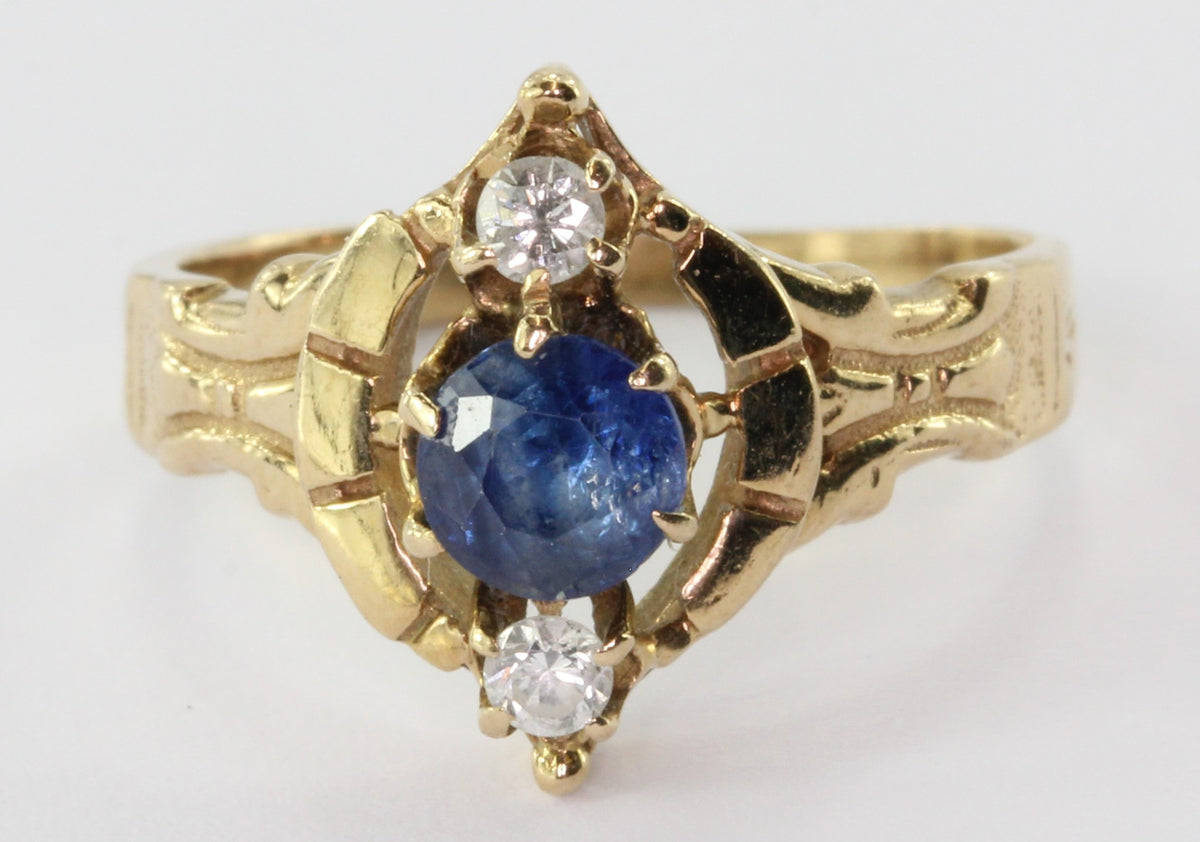 14K Yellow Gold Victorian Revival Natural Sapphire Diamond Ring - Queen May