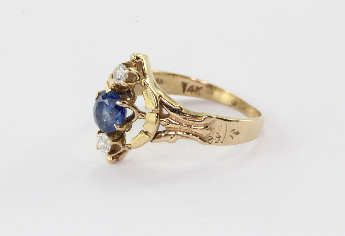 14K Yellow Gold Victorian Revival Natural Sapphire Diamond Ring - Queen May