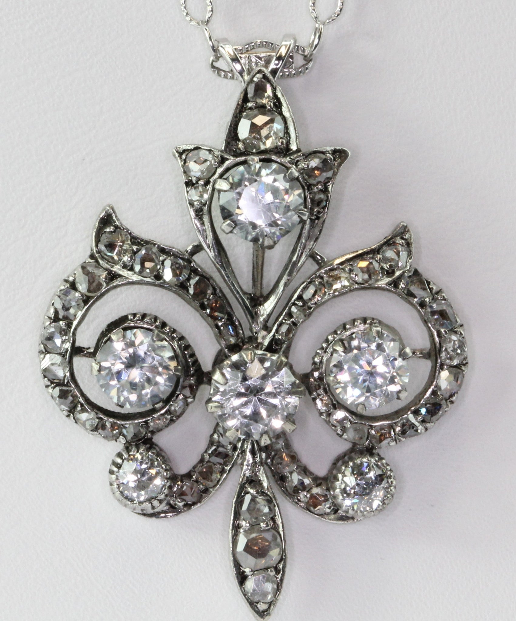 Victorian 14K White Gold Fleur de Lis w/ Rose Cut Diamonds & Sapphires Necklace - Queen May