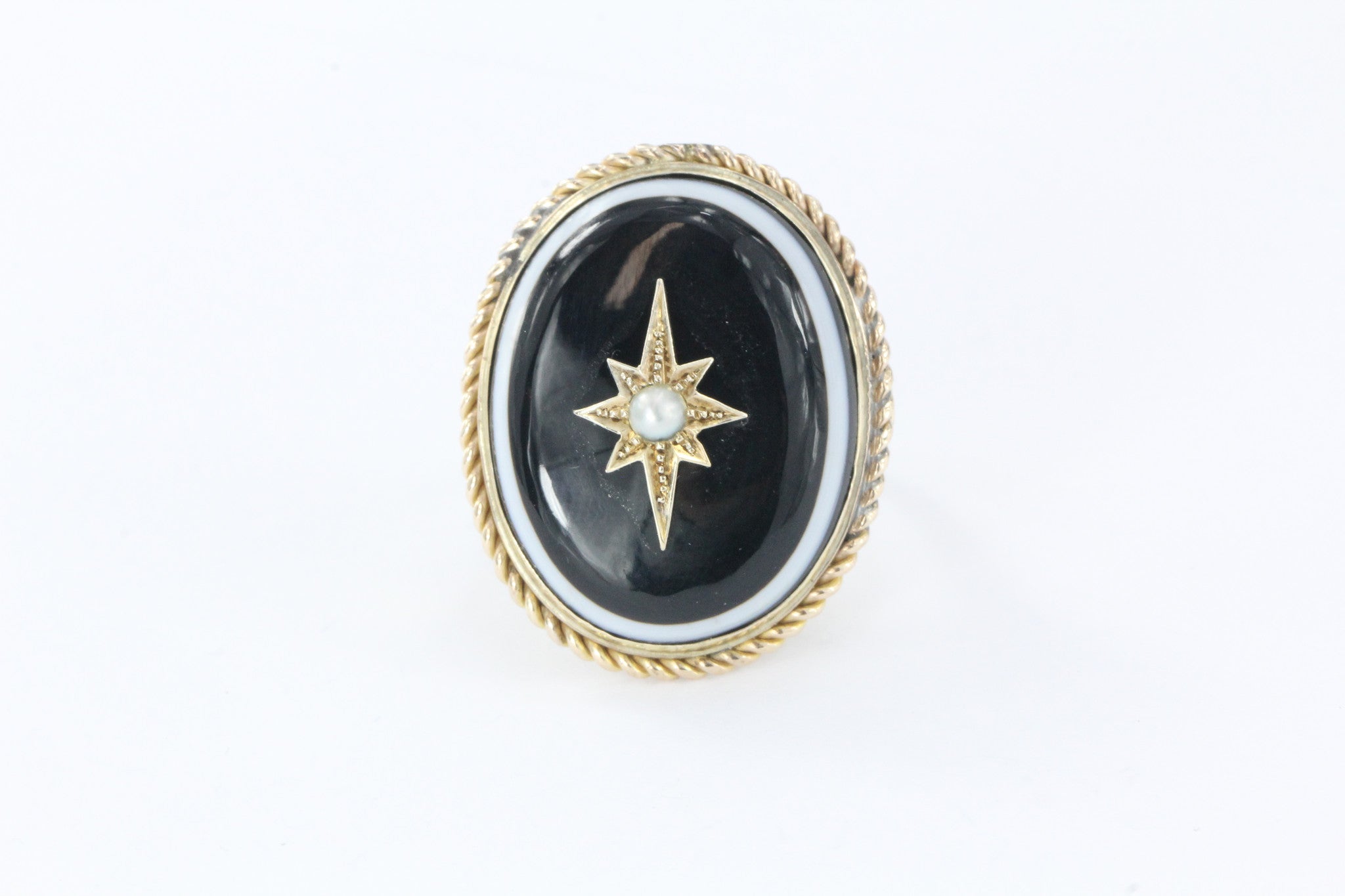 Antique Victorian & Gold Banded Agate Starburst Pearl Conversion Ring - Queen May