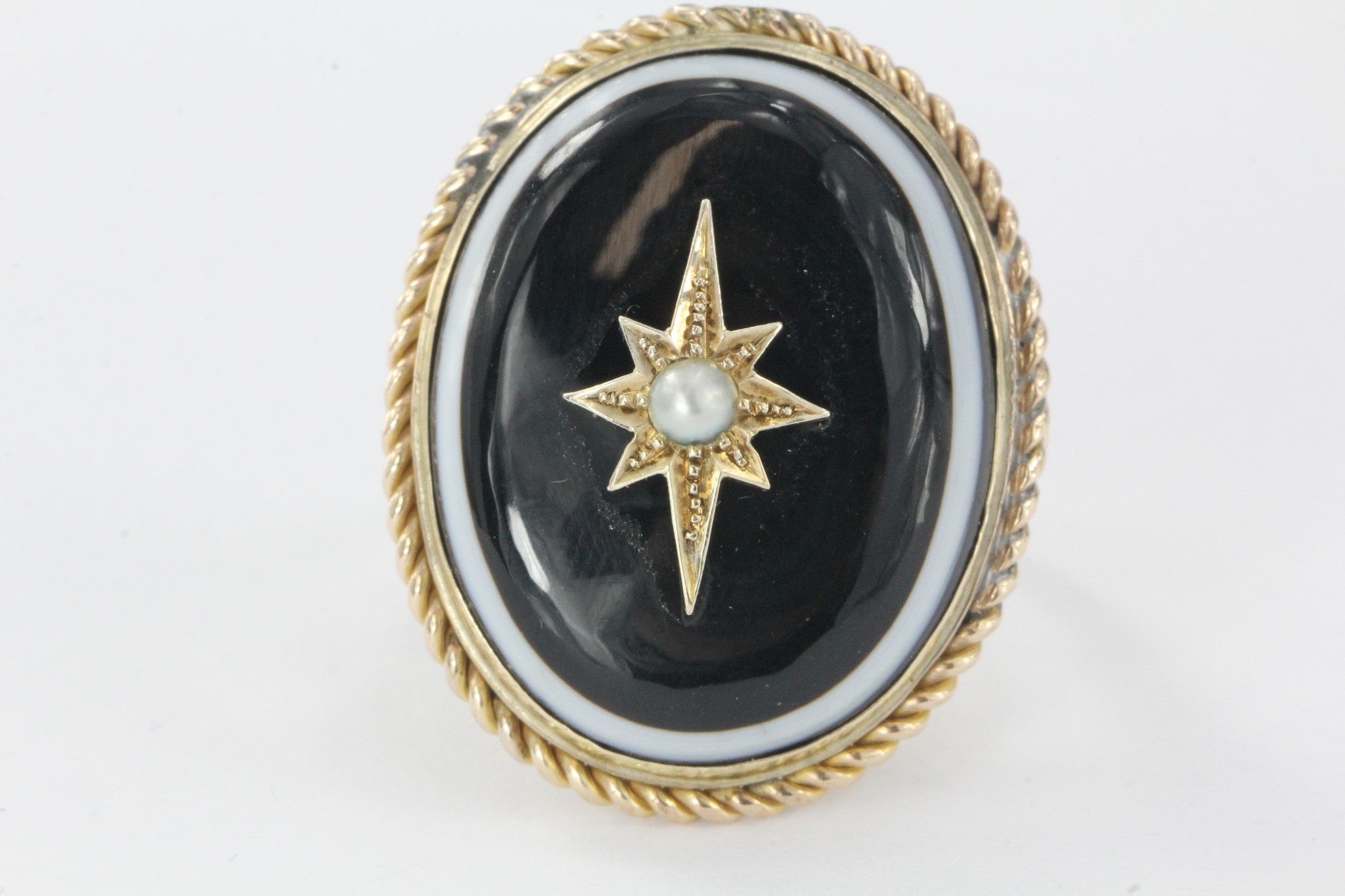 Antique Victorian & Gold Banded Agate Starburst Pearl Conversion Ring - Queen May