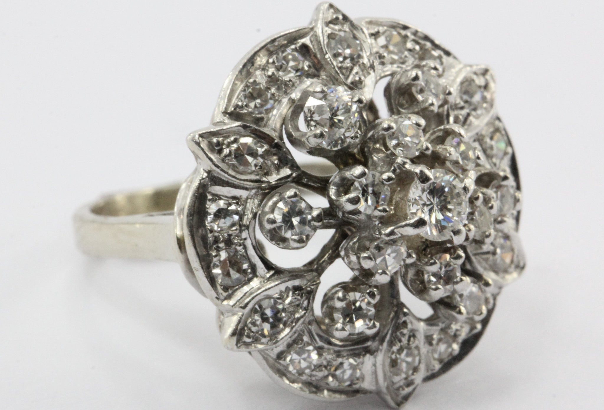 Antique Art Deco 14K White Gold & Diamond Cluster Ring 1.2 CTW - Queen May