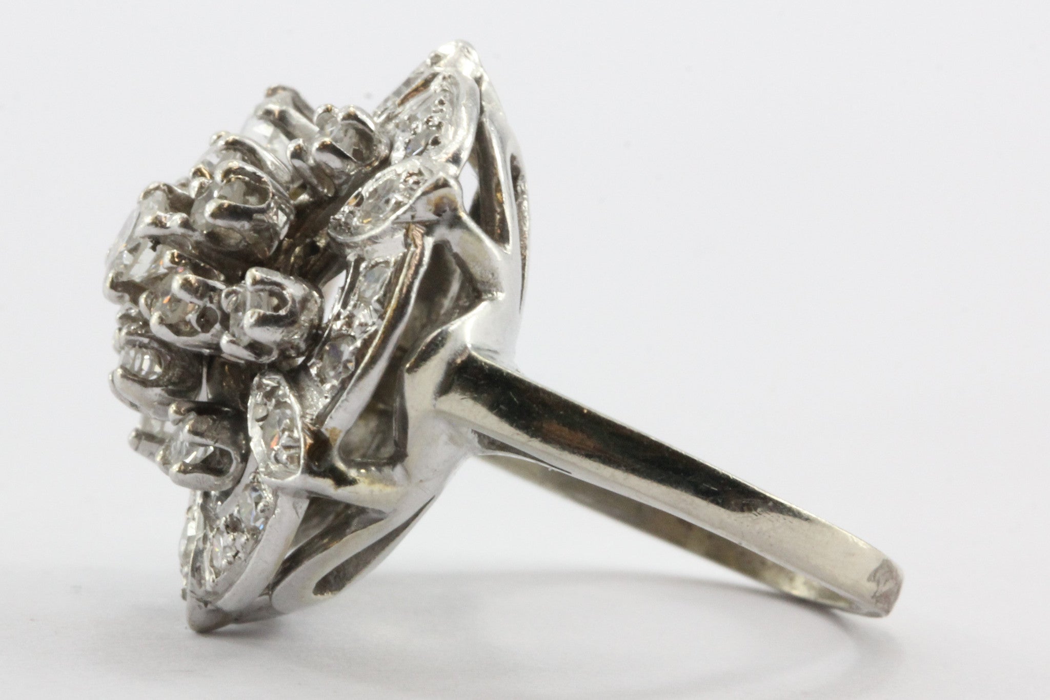 Antique Art Deco 14K White Gold & Diamond Cluster Ring 1.2 CTW - Queen May