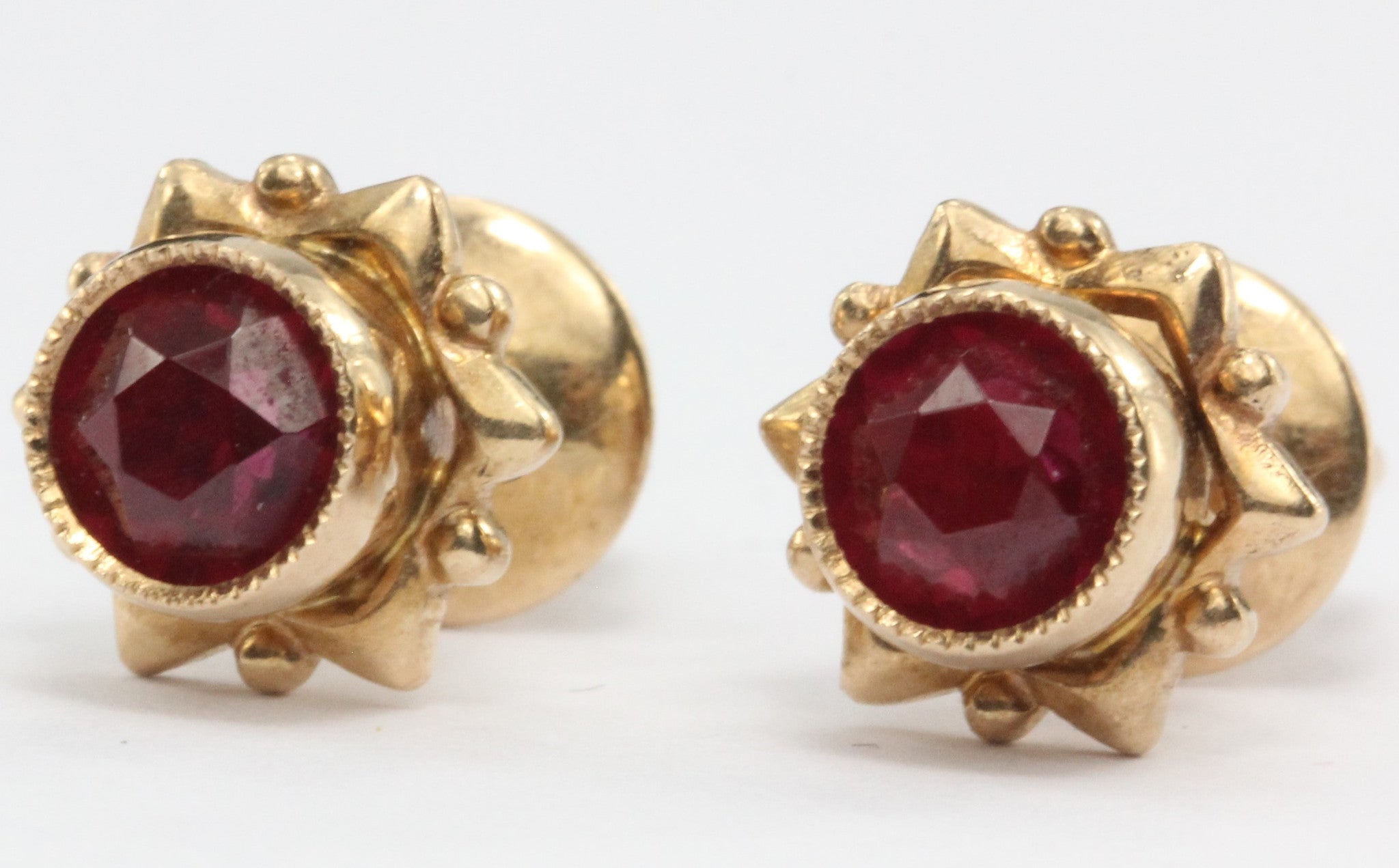 Vintage Soviet USSR Russian 14K Rose Gold & Ruby Screw Back Stud Earrings - Queen May
