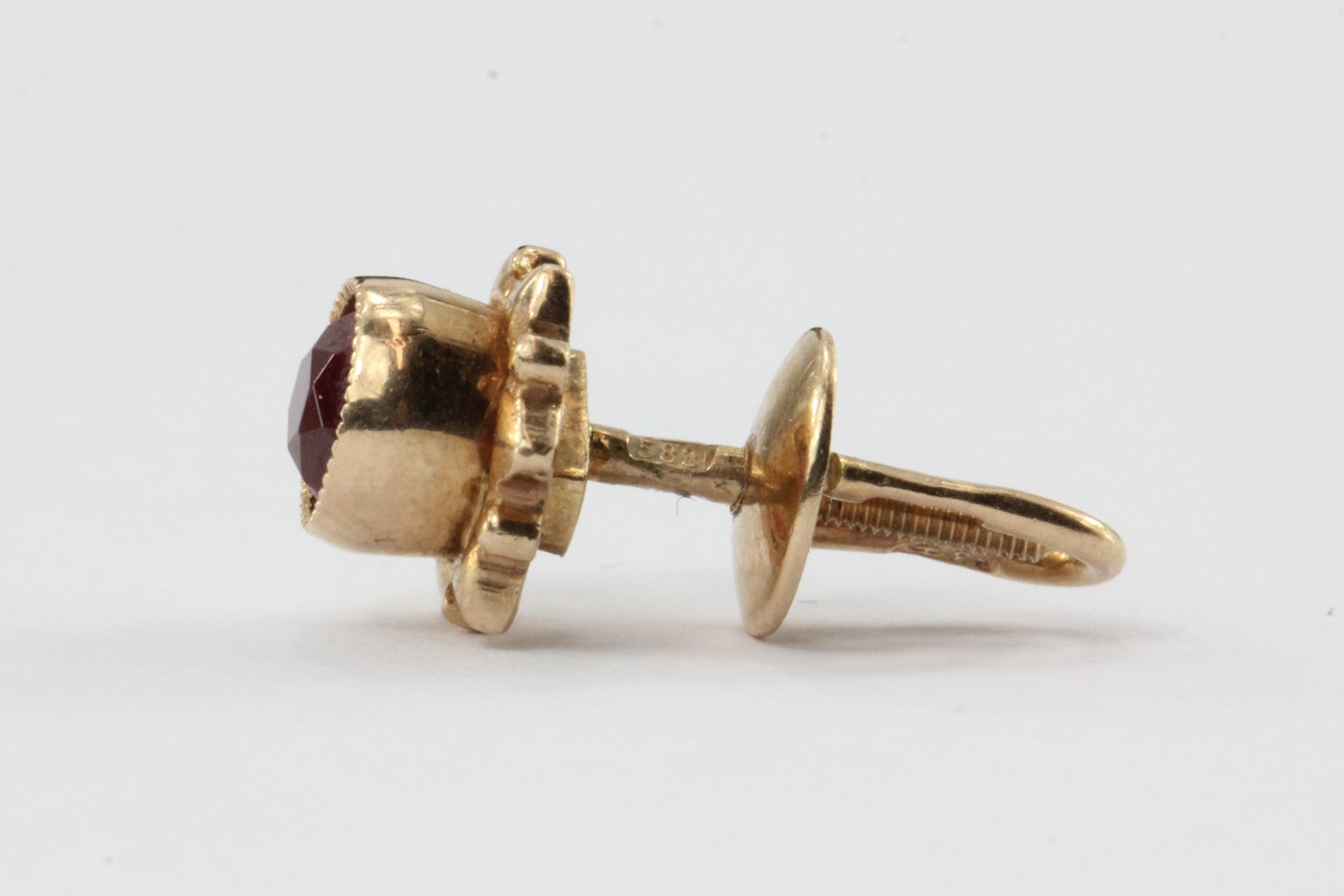 Vintage Soviet USSR Russian 14K Rose Gold & Ruby Screw Back Stud Earrings - Queen May
