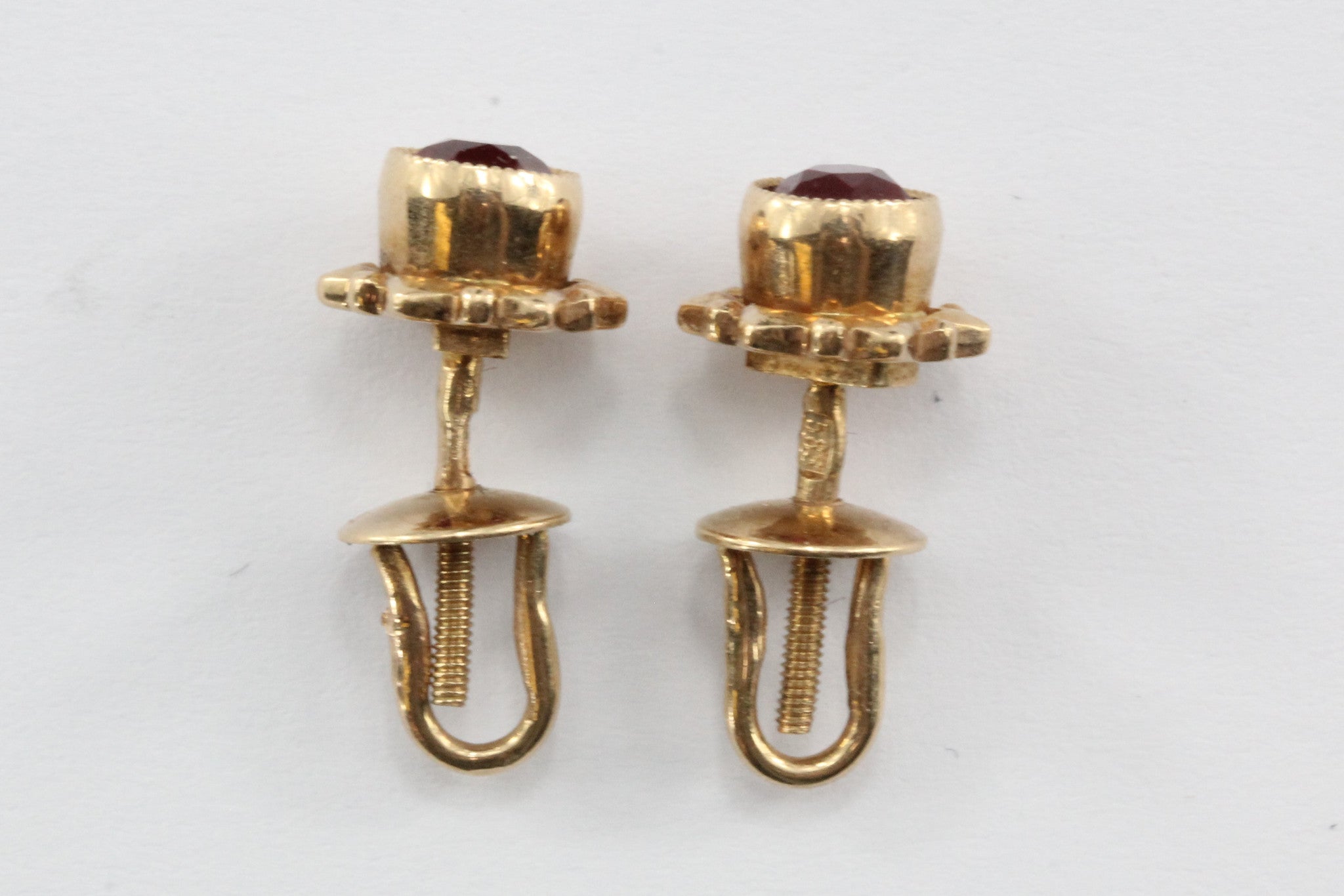 Vintage Soviet USSR Russian 14K Rose Gold & Ruby Screw Back Stud Earrings - Queen May