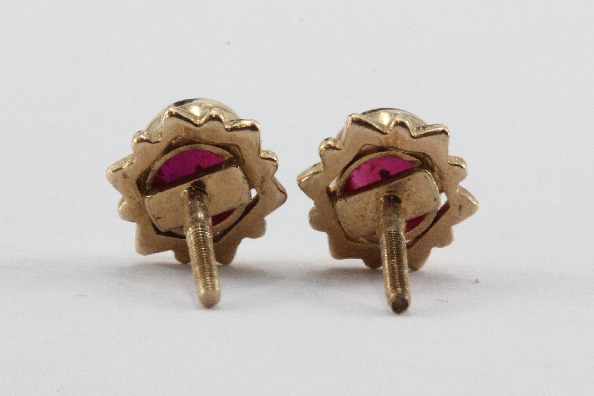 Vintage Soviet USSR Russian 14K Rose Gold & Ruby Screw Back Stud Earrings - Queen May