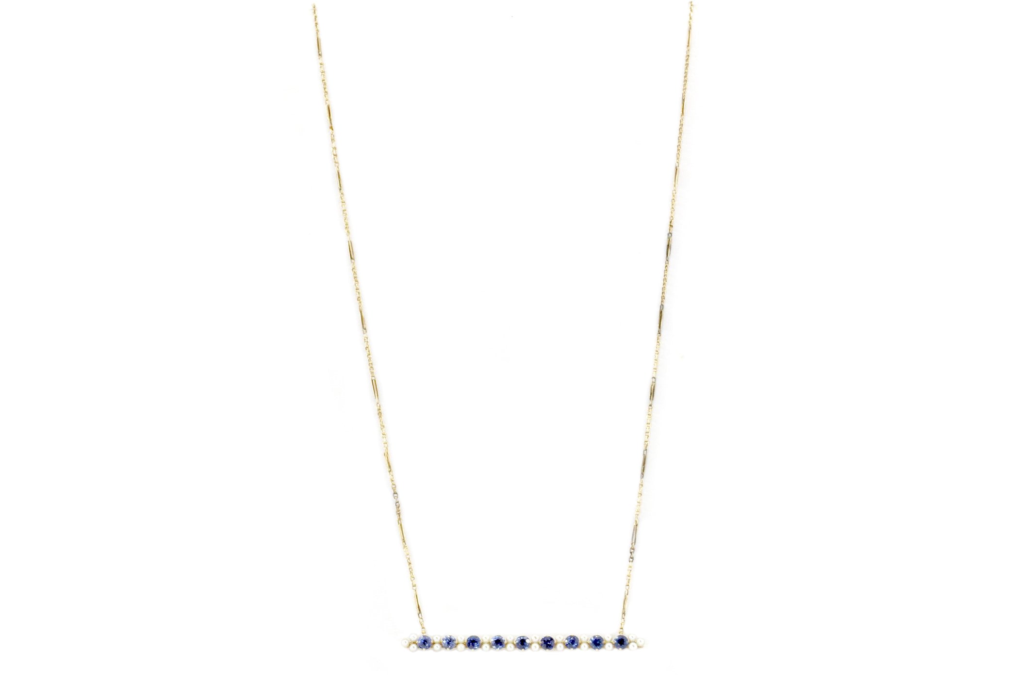 14K Gold Victorian Sapphire and Pearl Bar Pin Conversion Necklace - Queen May
