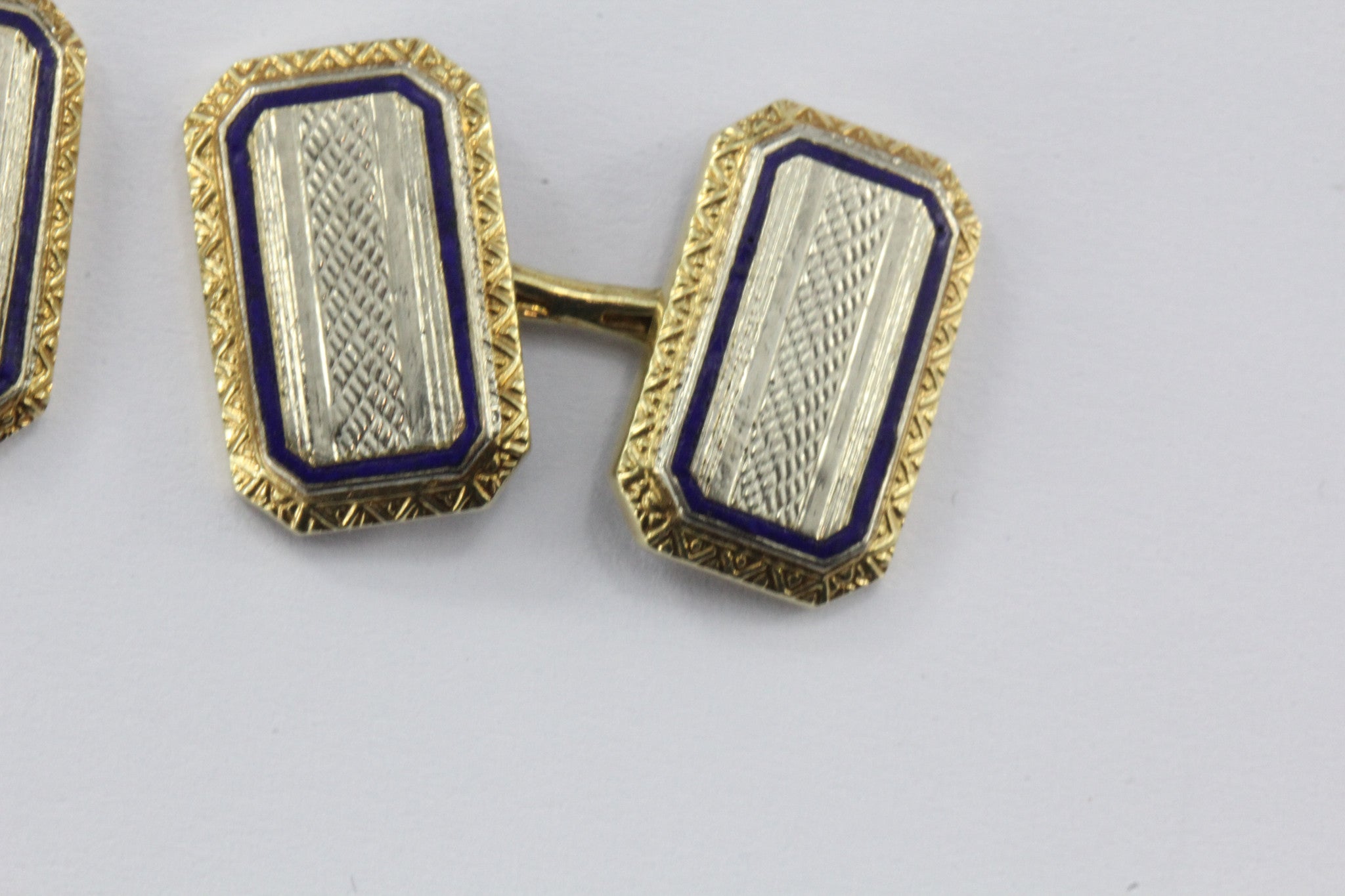 Ehrlich & Sinnock 14k Gold & Platinum Top Blue Enamel Cuff Links - Queen May