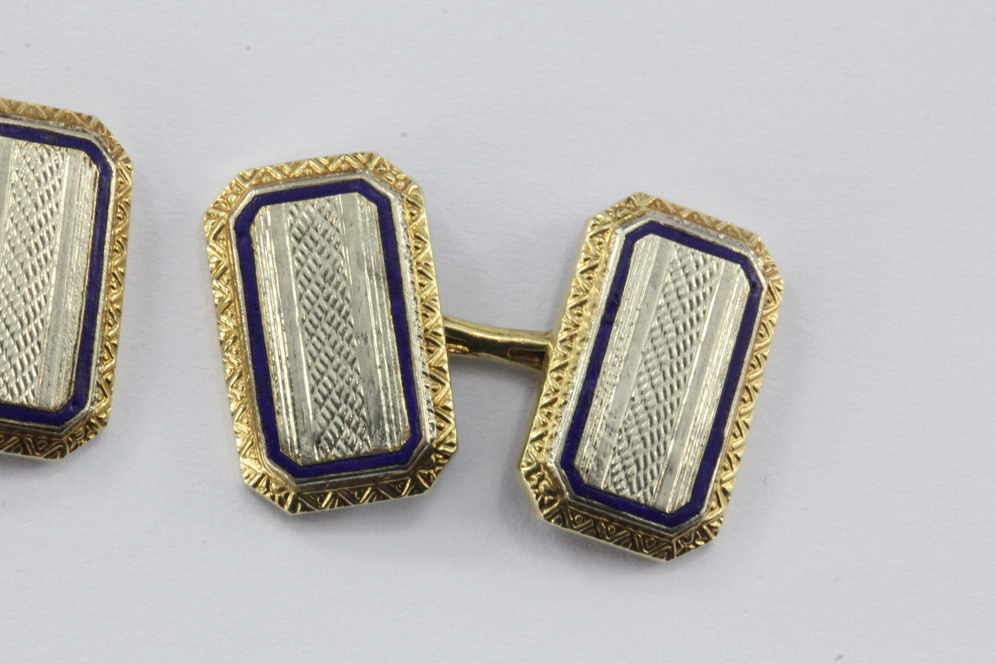 Ehrlich & Sinnock 14k Gold & Platinum Top Blue Enamel Cuff Links - Queen May