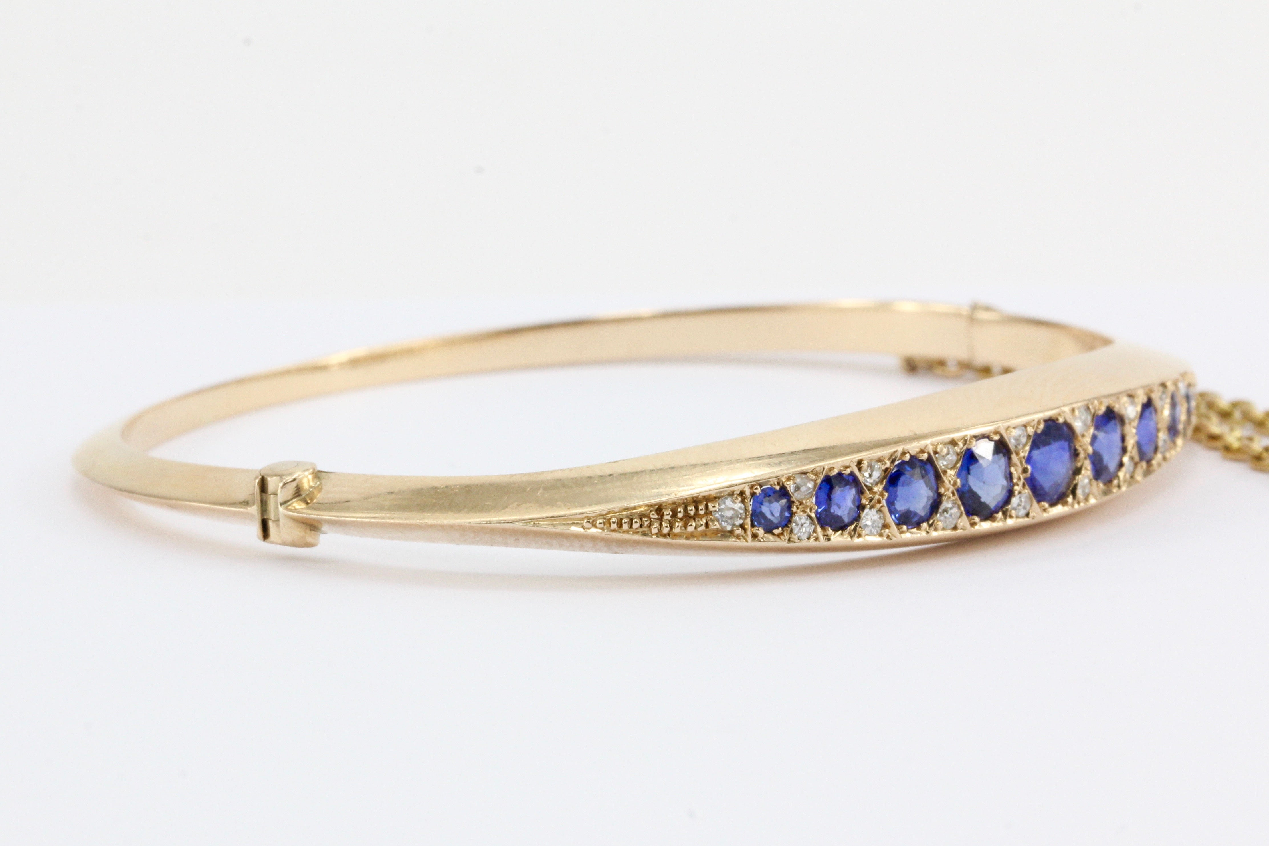 Victorian 15k Gold Natural Sapphire & Old Mine Diamond Bangle Bracelet c.1890's - Queen May