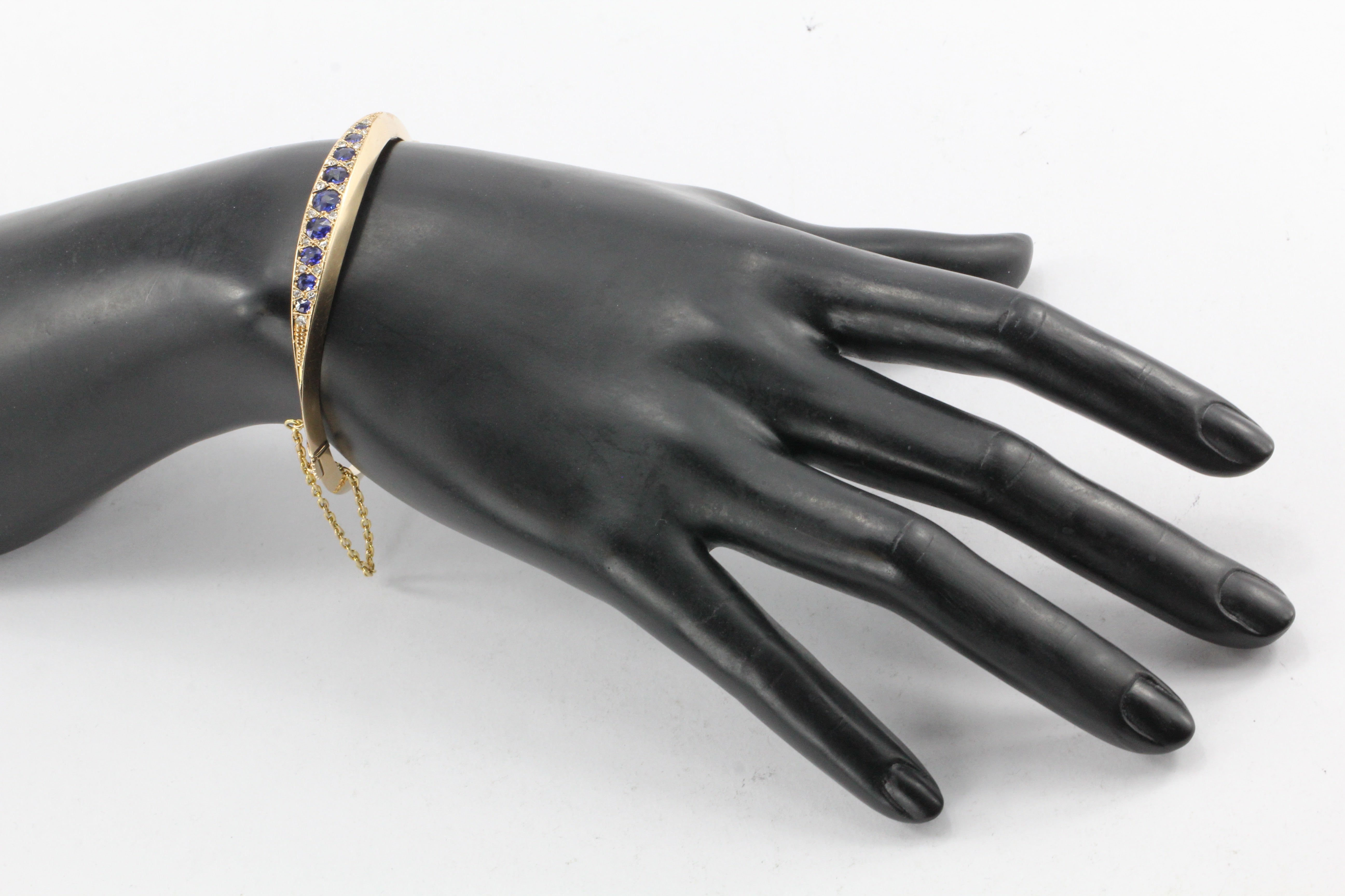 Victorian 15k Gold Natural Sapphire & Old Mine Diamond Bangle Bracelet c.1890's - Queen May