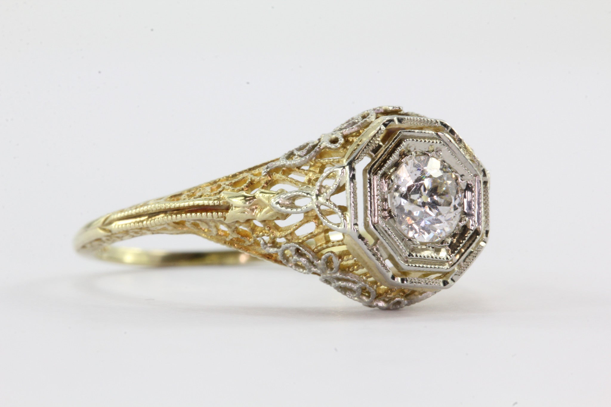 Art Deco 14K Yellow & white Gold Old European Cut Diamond Engagement Ring 1920's - Queen May