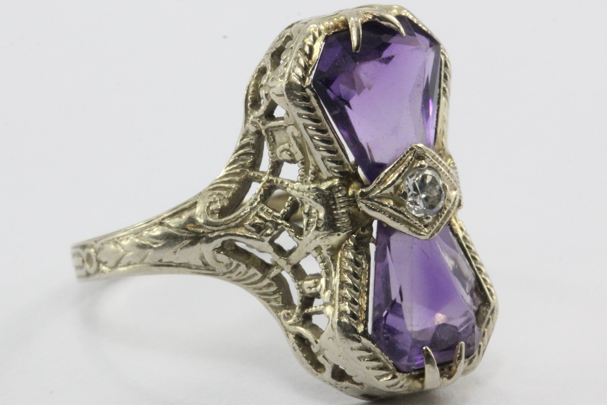 Antique Art Deco 14K White Gold Amethyst & Diamond Ring - Queen May