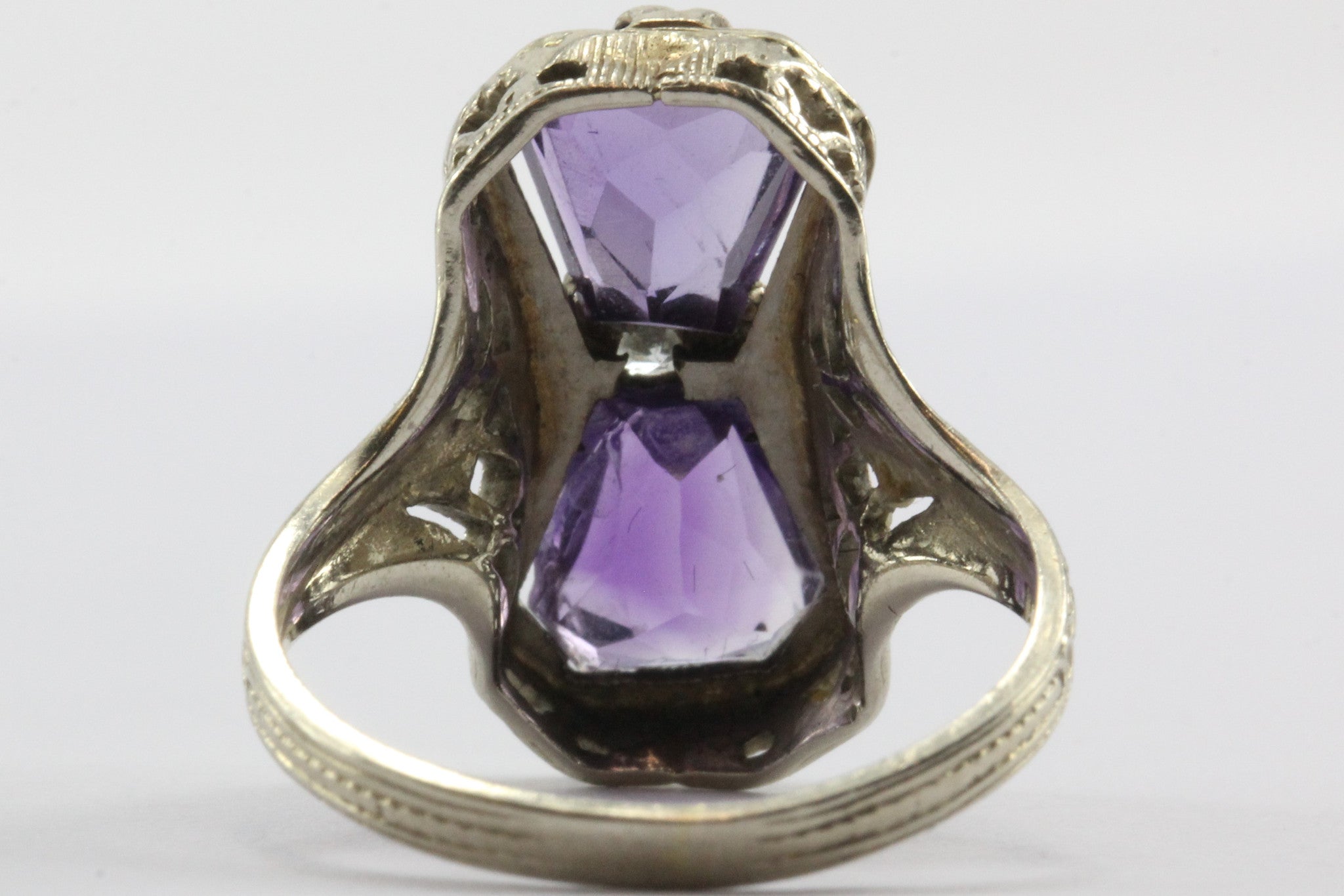 Antique Art Deco 14K White Gold Amethyst & Diamond Ring - Queen May