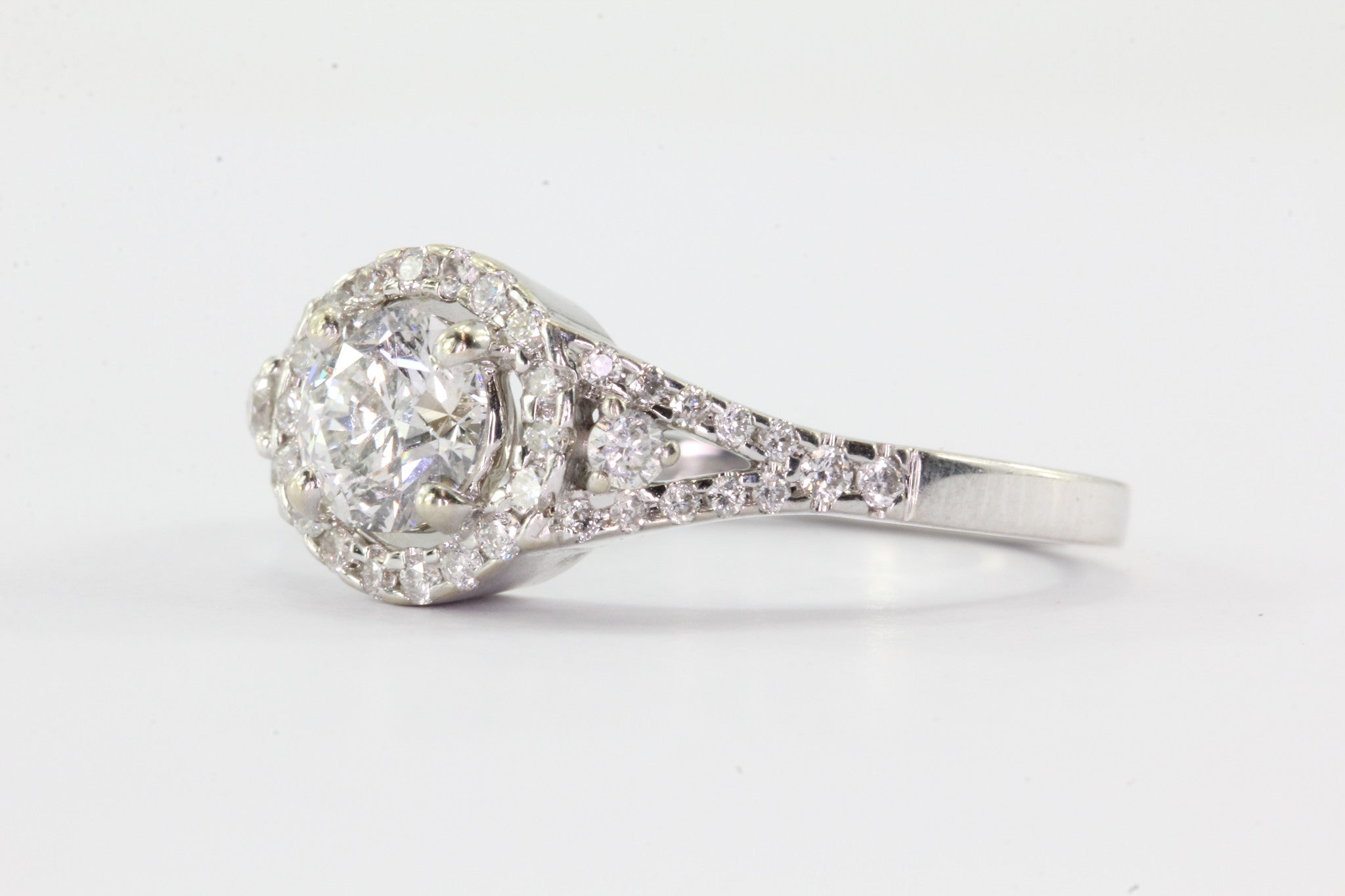 14K White Gold 1 Carat Total Diamond Halo Engagement Ring - Queen May