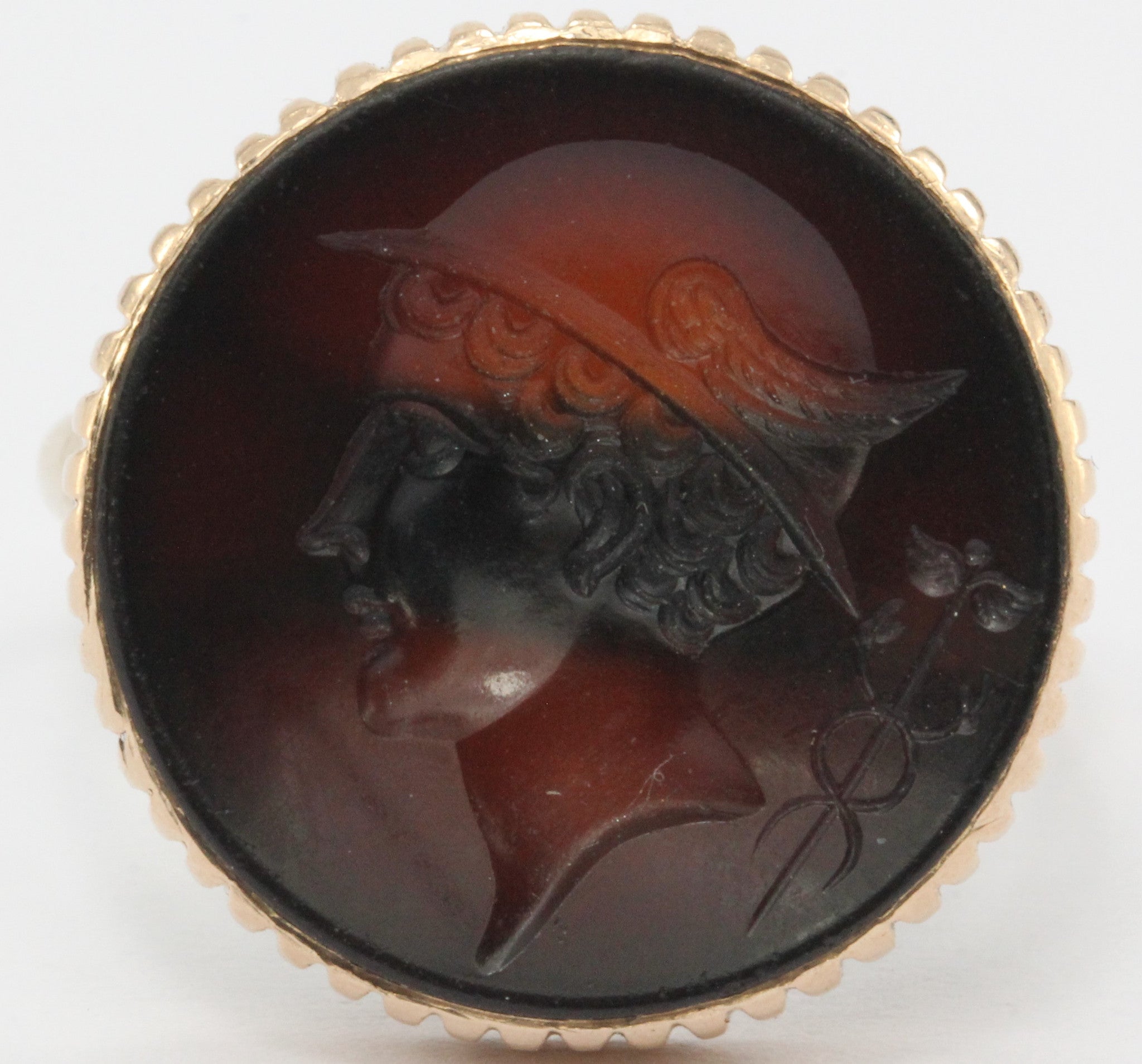 Antique Carnelian Mercury Caduceus Signet Seal 10K Rose Gold Ring - Queen May