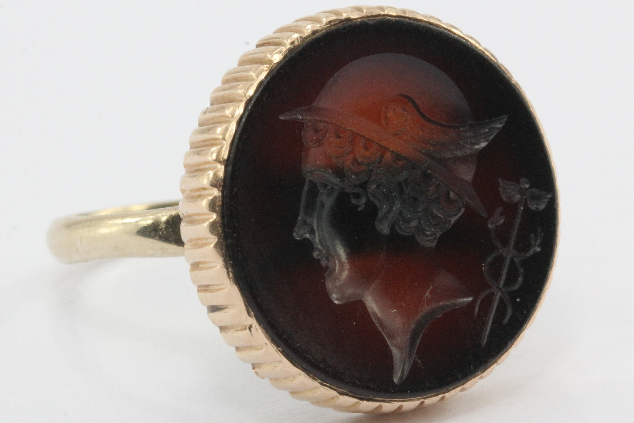 Antique Carnelian Mercury Caduceus Signet Seal 10K Rose Gold Ring - Queen May