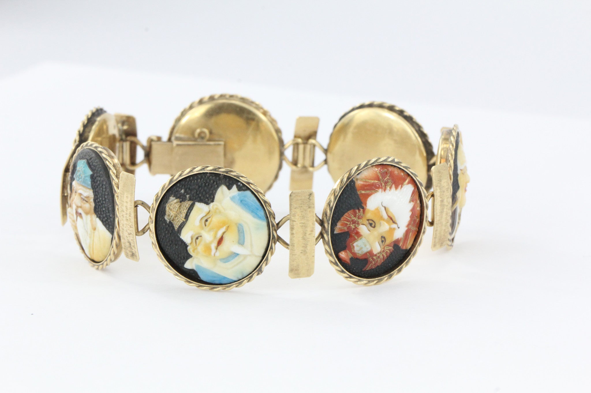 Antique 18K Gold Japanese Toshikane 7 Lucky Gods Bracelet Signed RARE 8.25" - Queen May