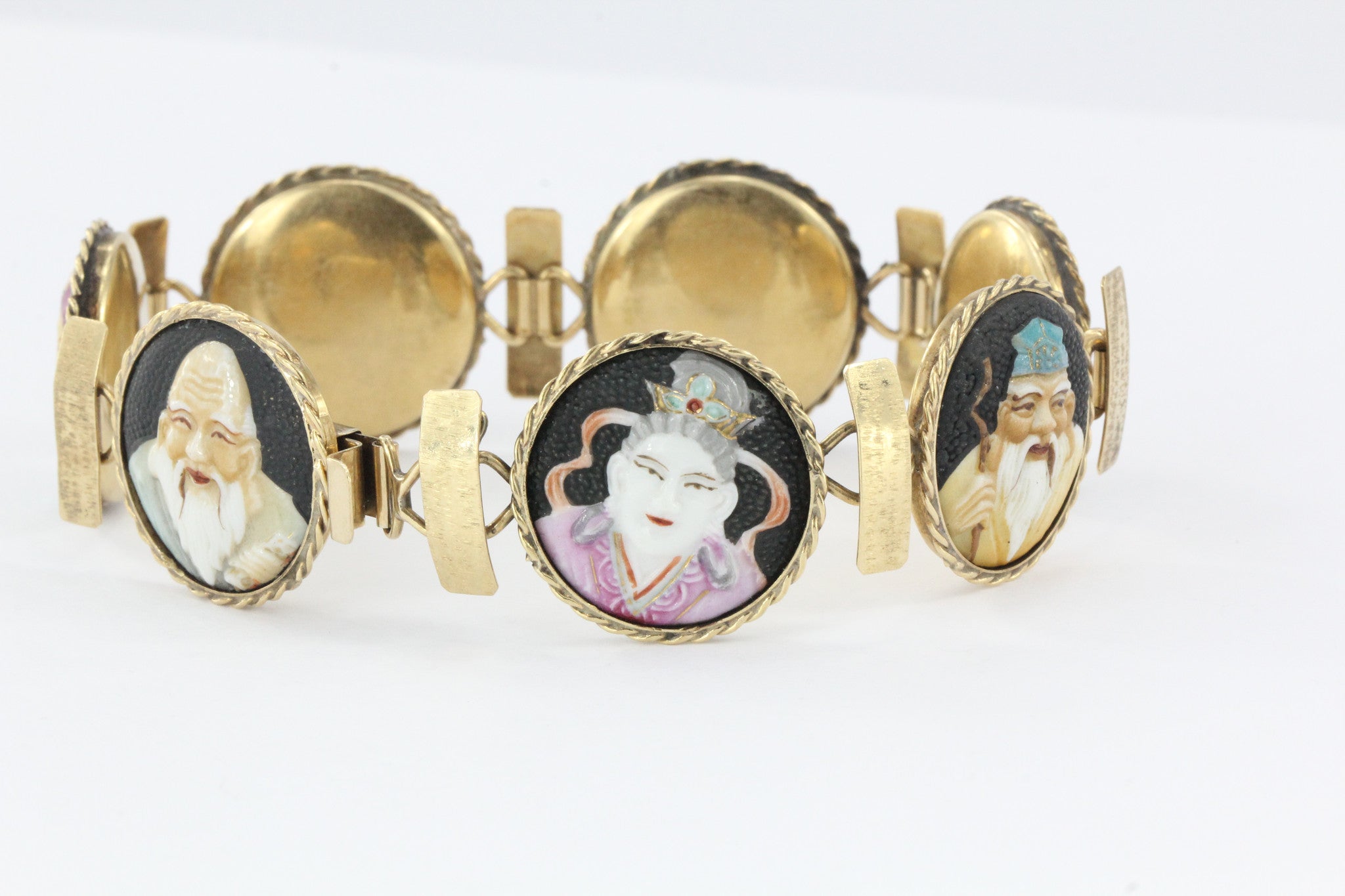 Antique 18K Gold Japanese Toshikane 7 Lucky Gods Bracelet Signed RARE 8.25" - Queen May