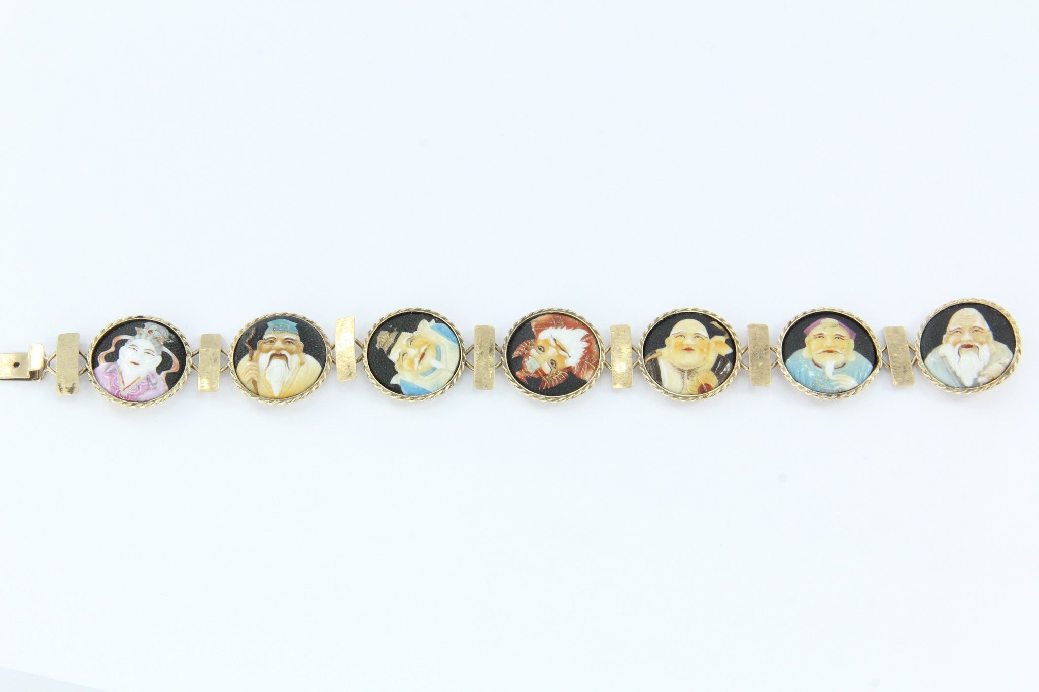 Antique 18K Gold Japanese Toshikane 7 Lucky Gods Bracelet Signed RARE 8.25" - Queen May